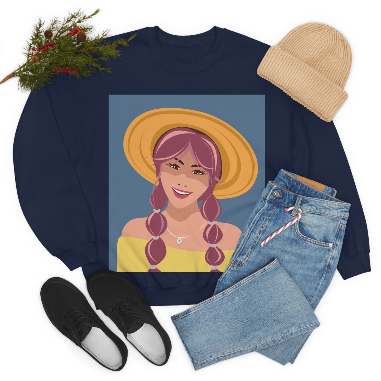 Happy Woman with Rose Hair Aesthetic Art Unisex Heavy Blend™ Crewneck Sweatshirt