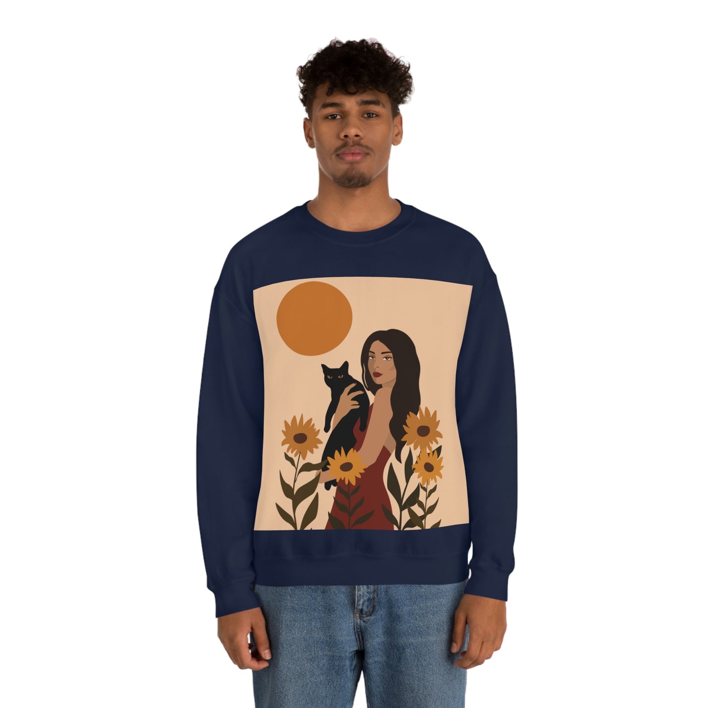 Woman with Black Cat Mininal Sunflowers Aesthetic Art Unisex Heavy Blend™ Crewneck Sweatshirt