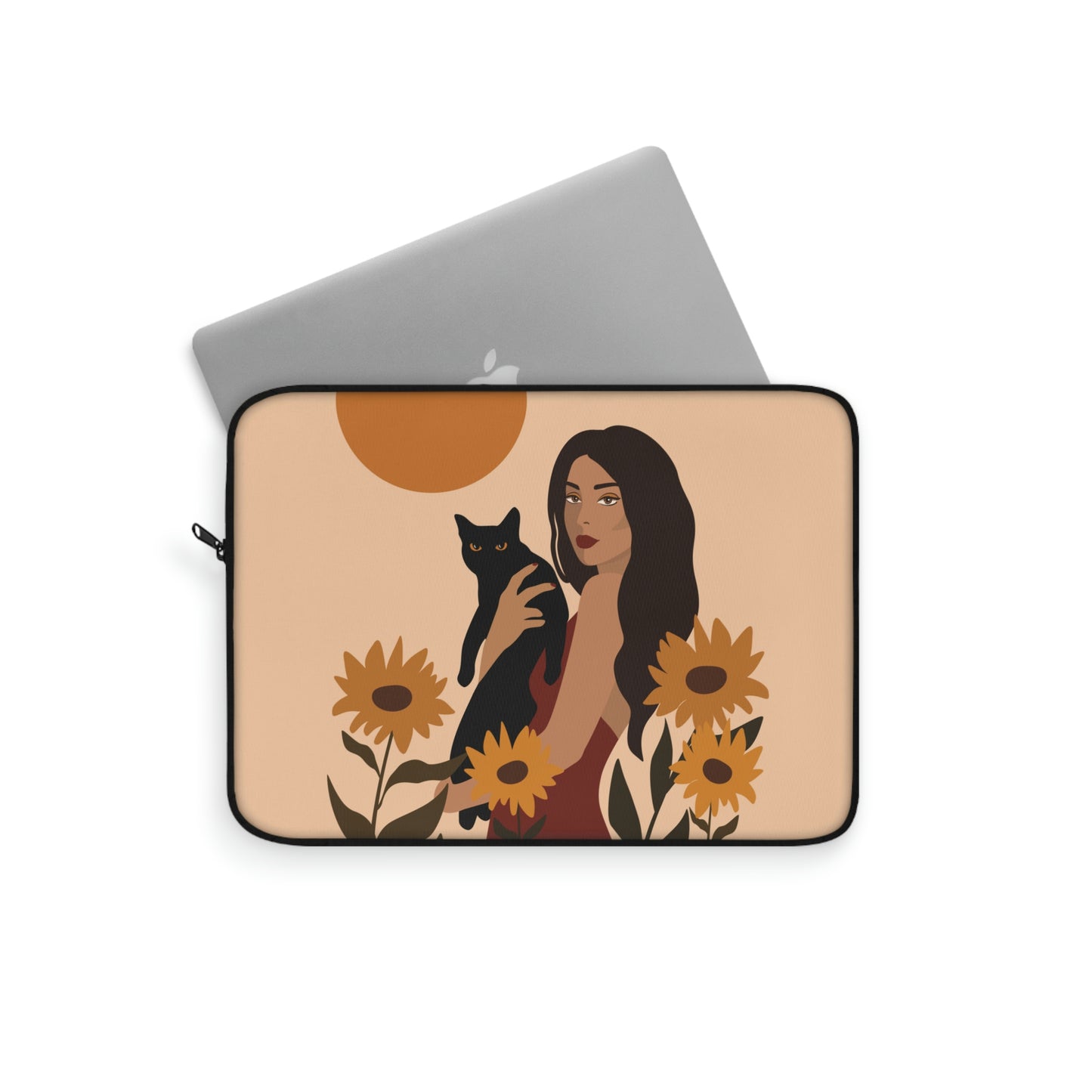 Woman with Black Cat Mininal Sunflowers Aesthetic Art Laptop Sleeve