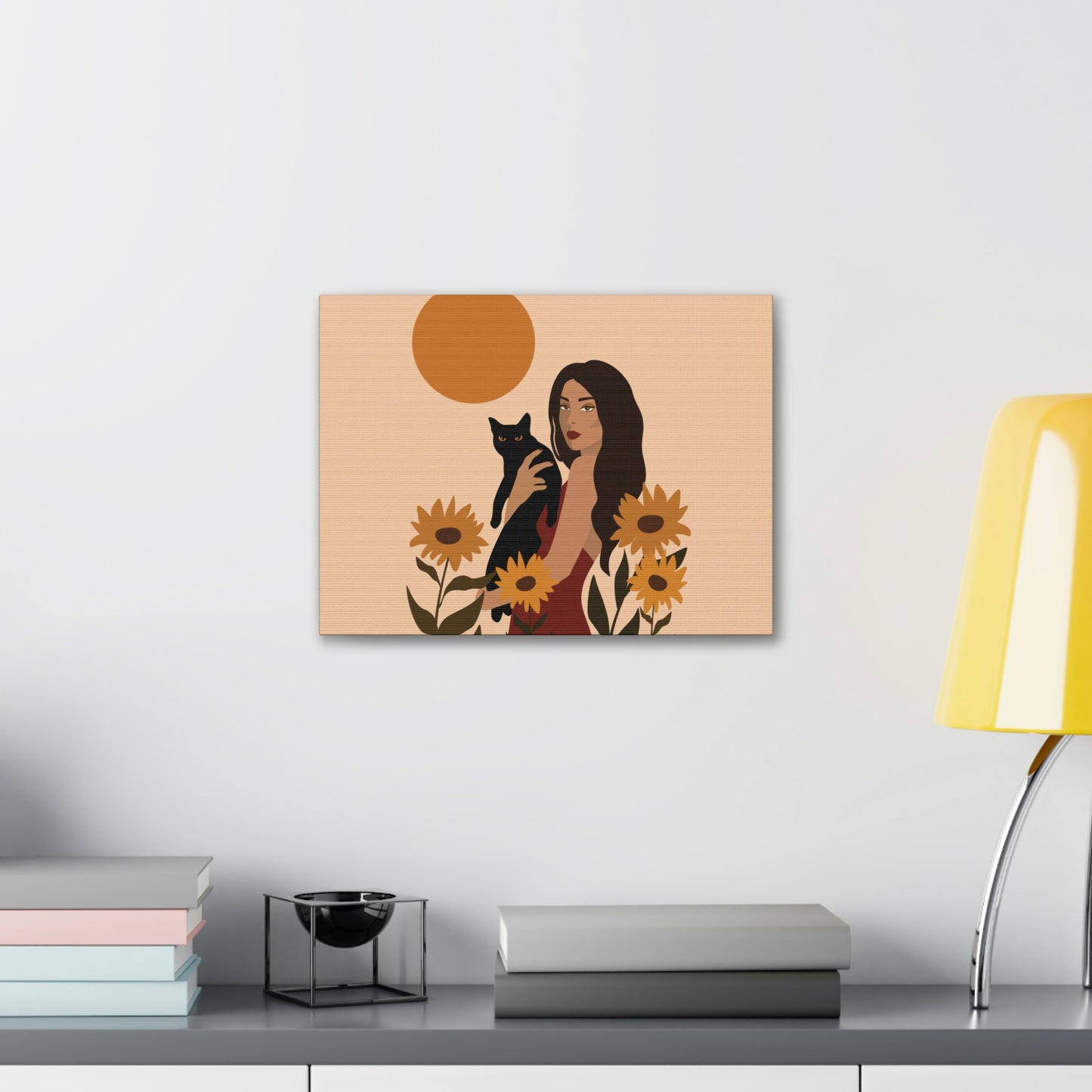 Woman with Black Cat Mininal Sunflowers Aesthetic Art Canvas Gallery Wraps