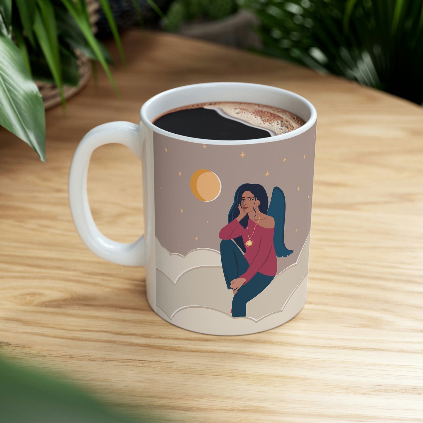 Women Angel Portrait Sitting On Clouds Cartoon Art Ceramic Mug 11oz