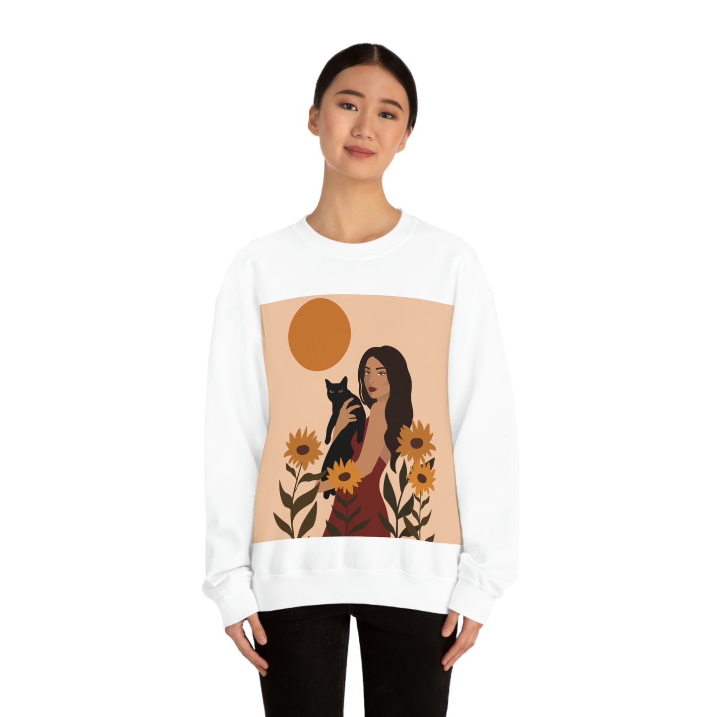 Woman with Black Cat Mininal Sunflowers Aesthetic Art Unisex Heavy Blend™ Crewneck Sweatshirt