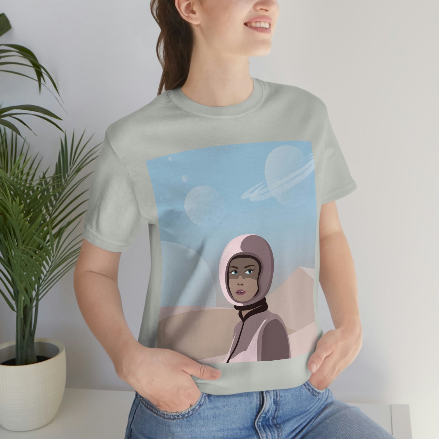 Astronaut Woman Aliens Minimal Art Aesthetic Unisex Jersey Short Sleeve T-Shirt