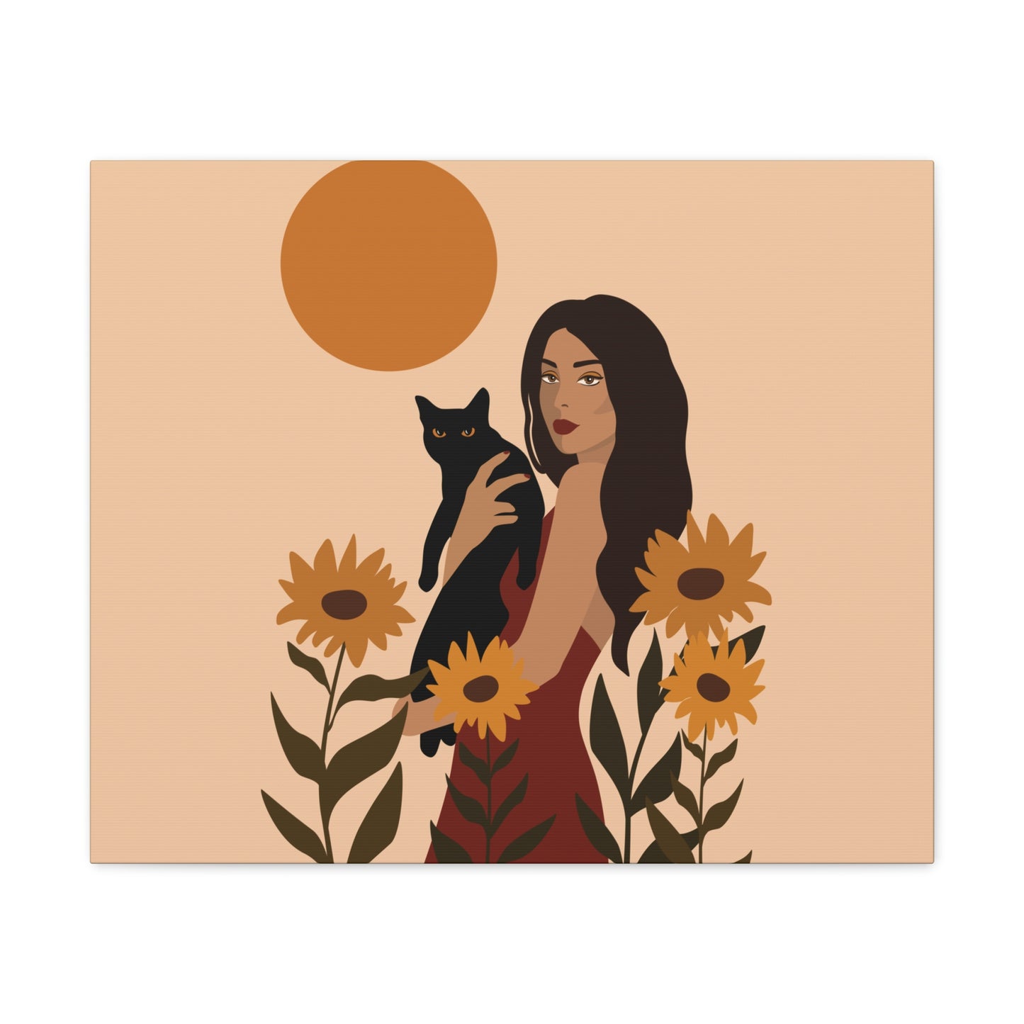 Woman with Black Cat Mininal Sunflowers Aesthetic Art Canvas Gallery Wraps