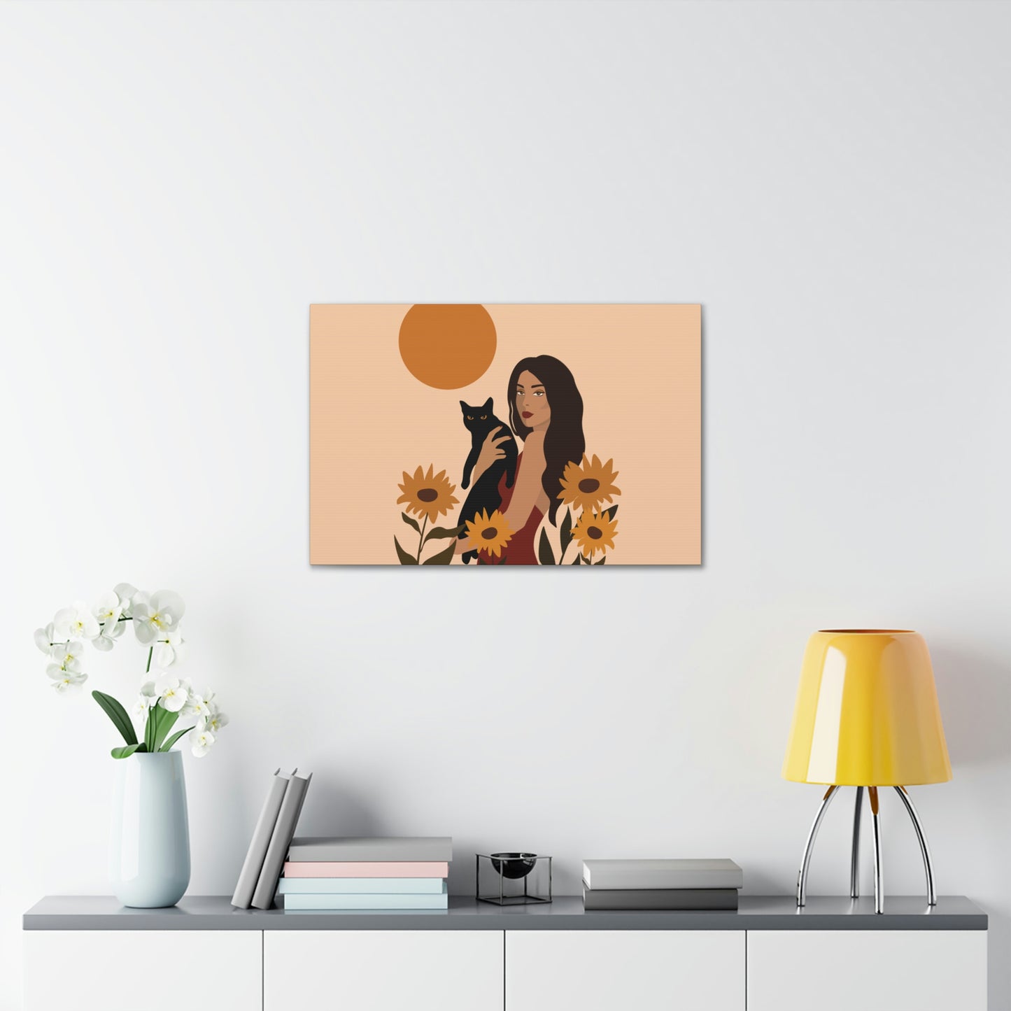 Woman with Black Cat Mininal Sunflowers Aesthetic Art Canvas Gallery Wraps