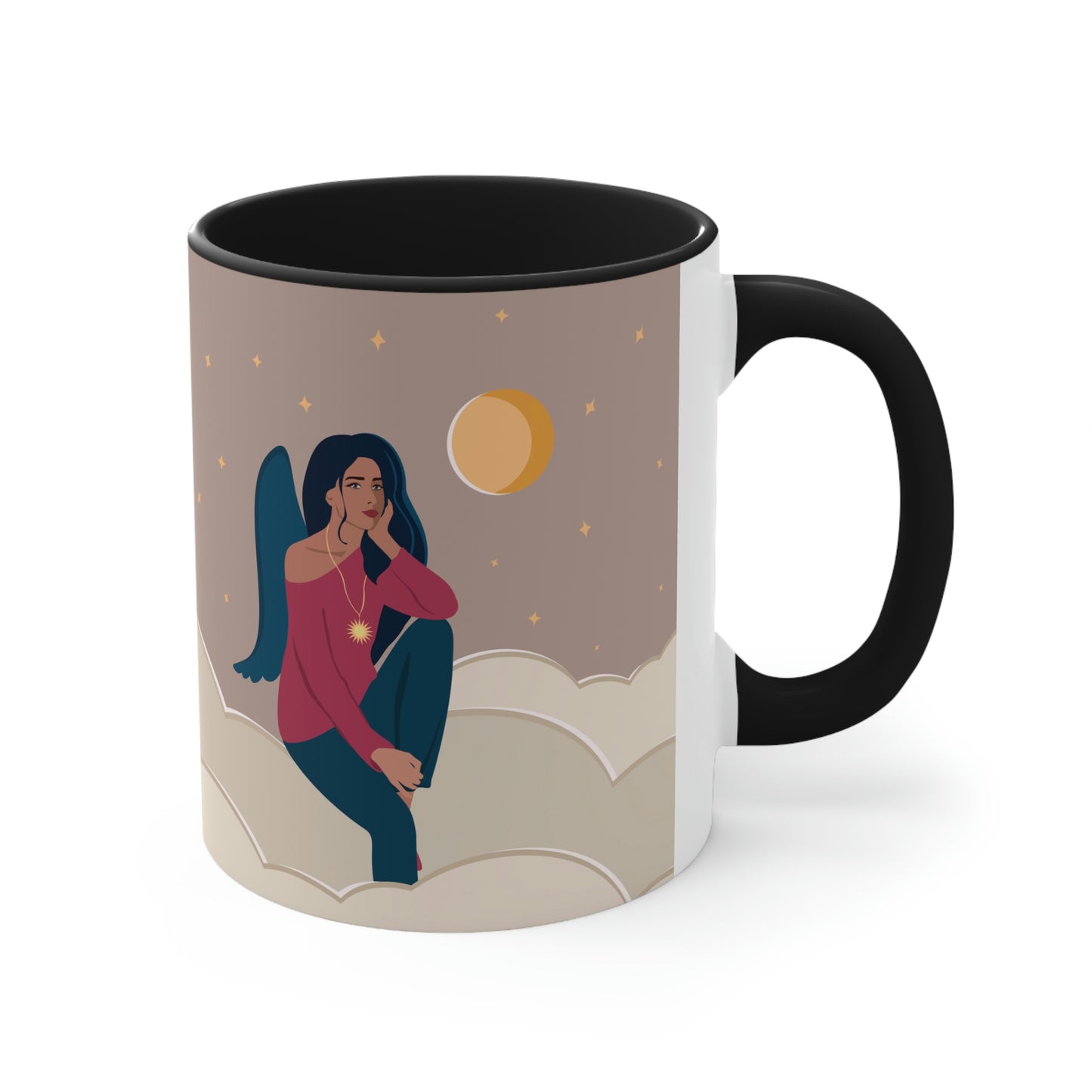 Women Angel Portrait Sitting On Clouds Cartoon Art Accent Coffee Mug 11oz