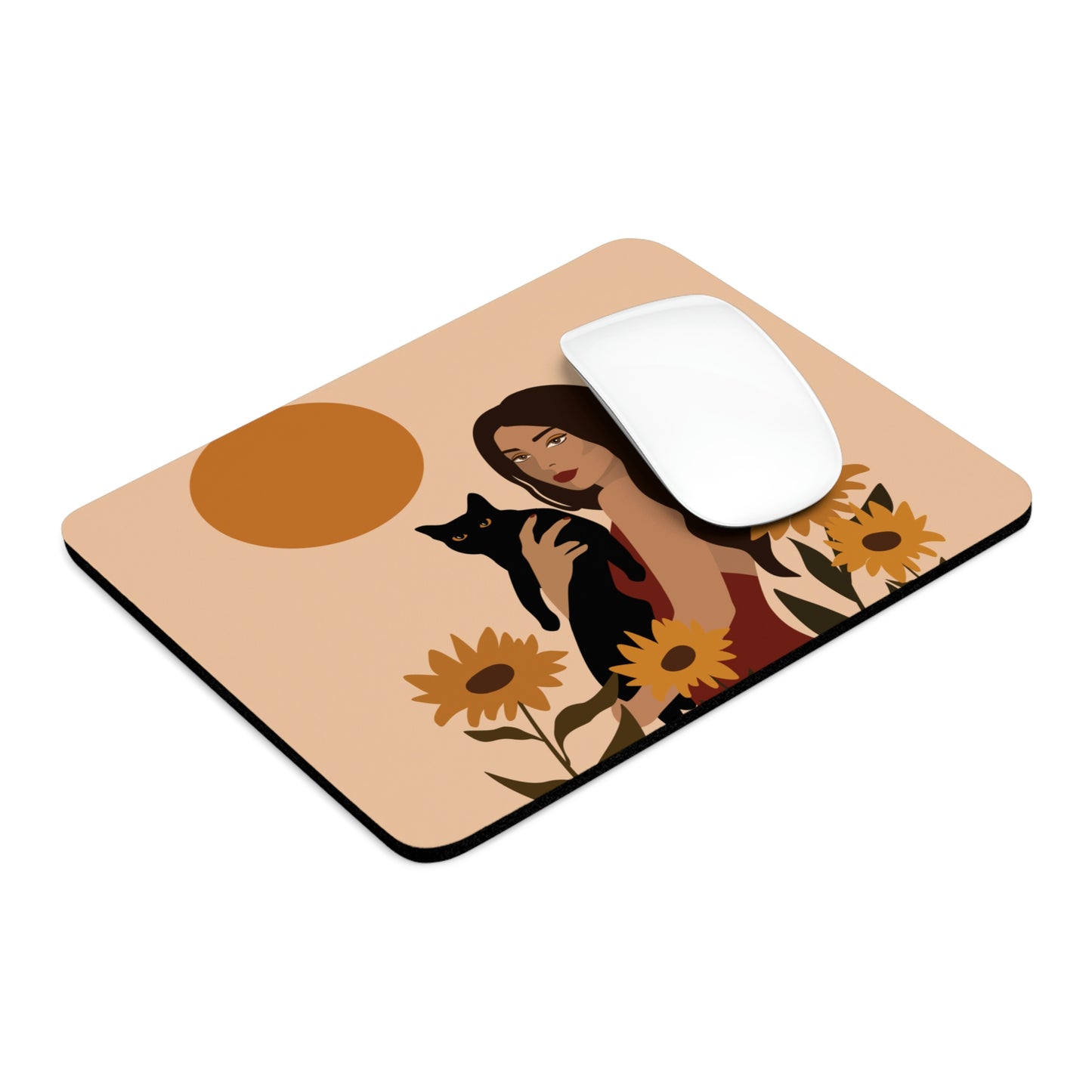 Woman with Black Cat Mininal Sunflowers Aesthetic Art Ergonomic Non-slip Creative Design Mouse Pad