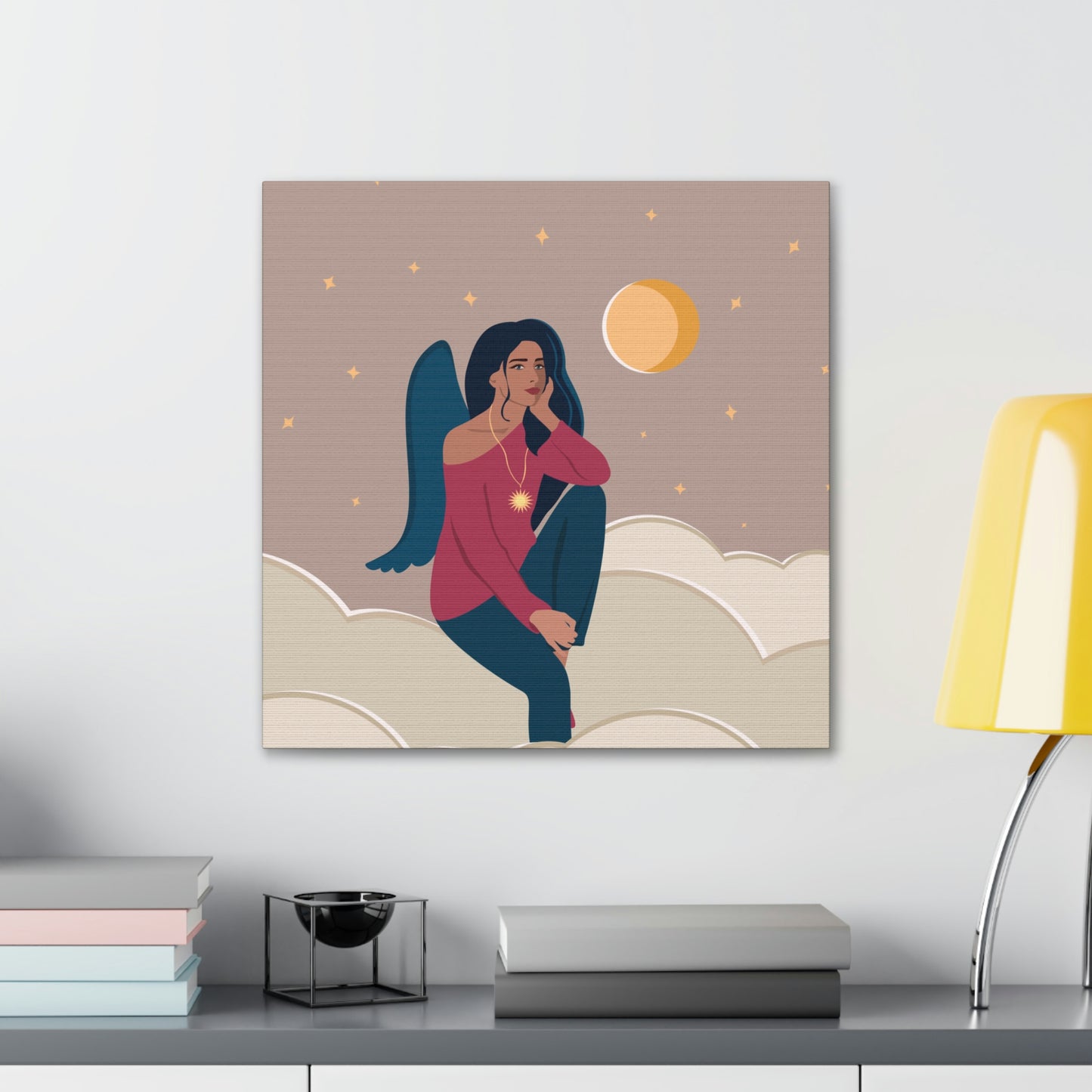 Women Angel Portrait Sitting On Clouds Cartoon Art Canvas Gallery Wraps