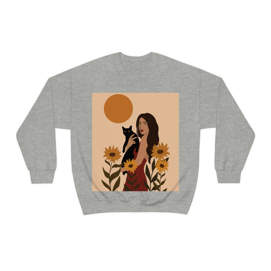 Woman with Black Cat Mininal Sunflowers Aesthetic Art Unisex Heavy Blend™ Crewneck Sweatshirt