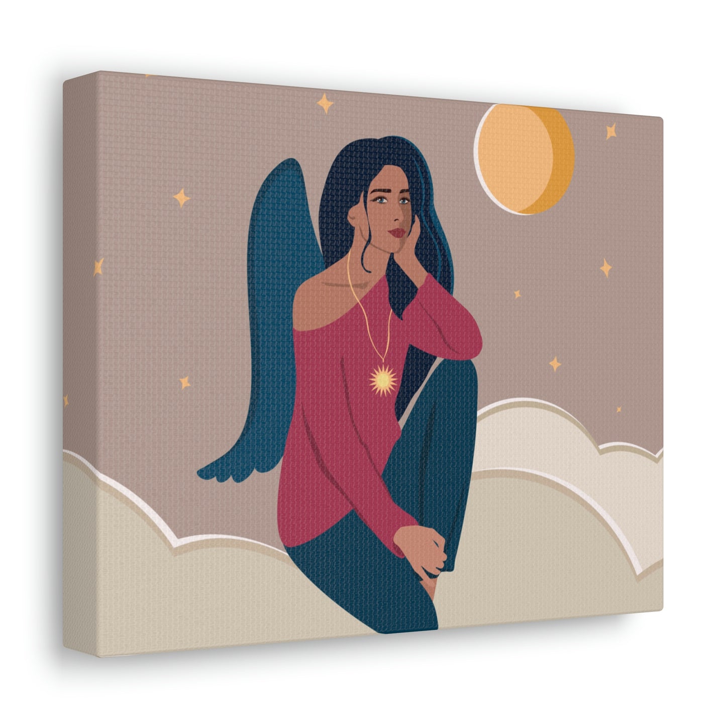 Women Angel Portrait Sitting On Clouds Cartoon Art Canvas Gallery Wraps