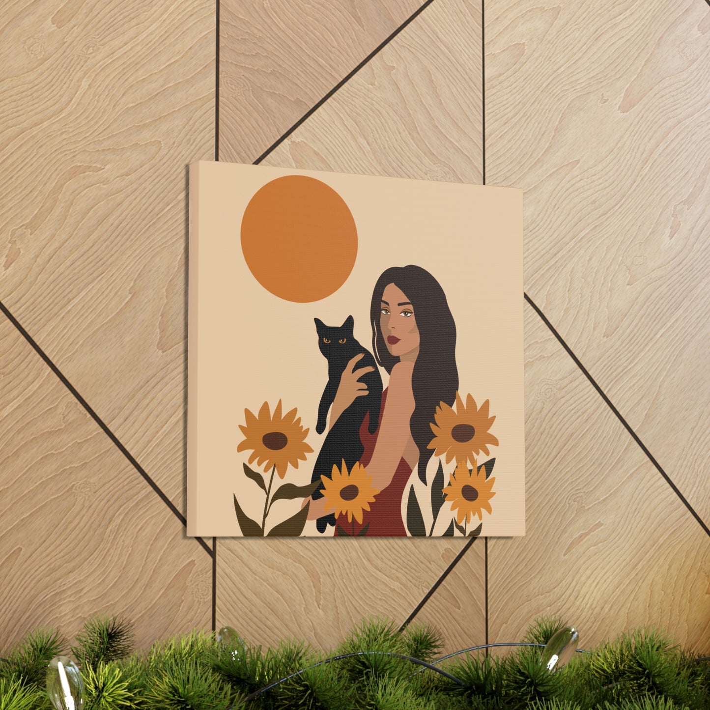 Woman with Black Cat Mininal Sunflowers Aesthetic Art Canvas Gallery Wraps