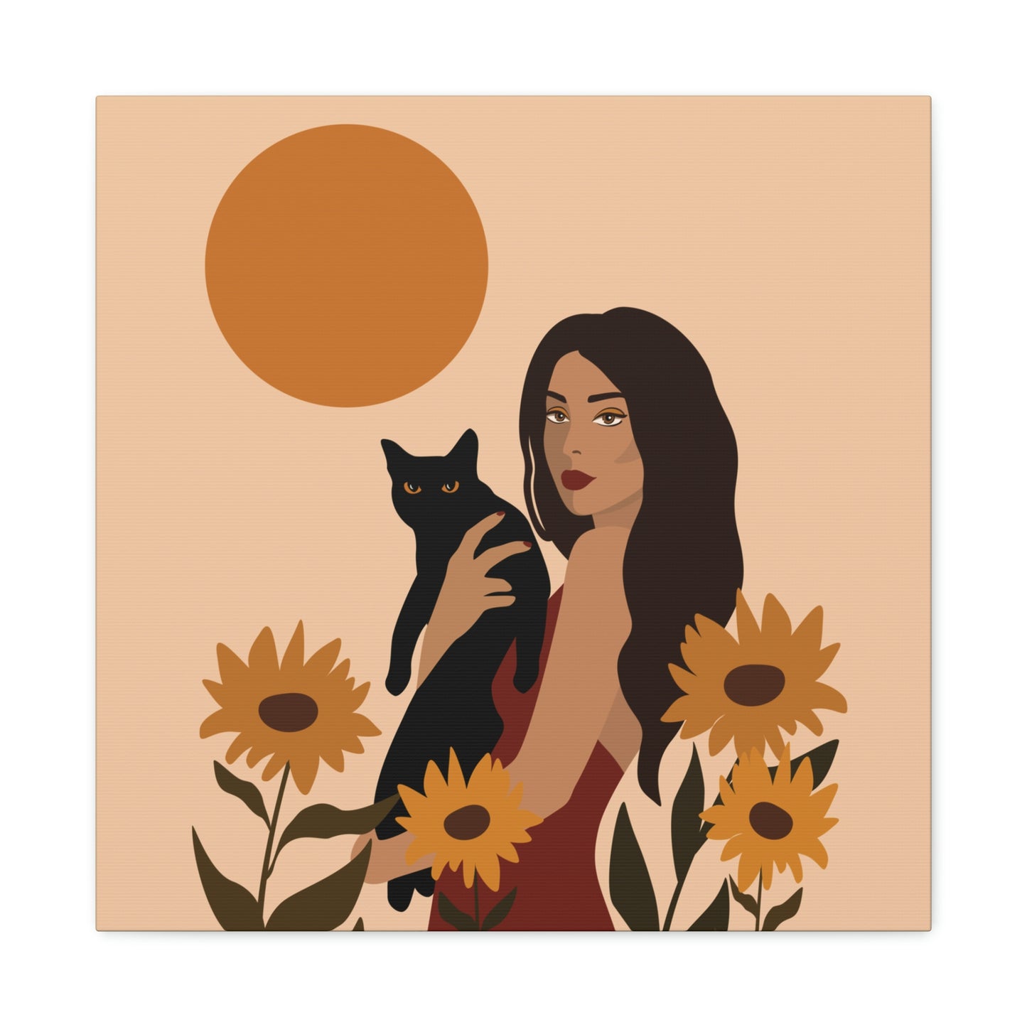 Woman with Black Cat Mininal Sunflowers Aesthetic Art Canvas Gallery Wraps