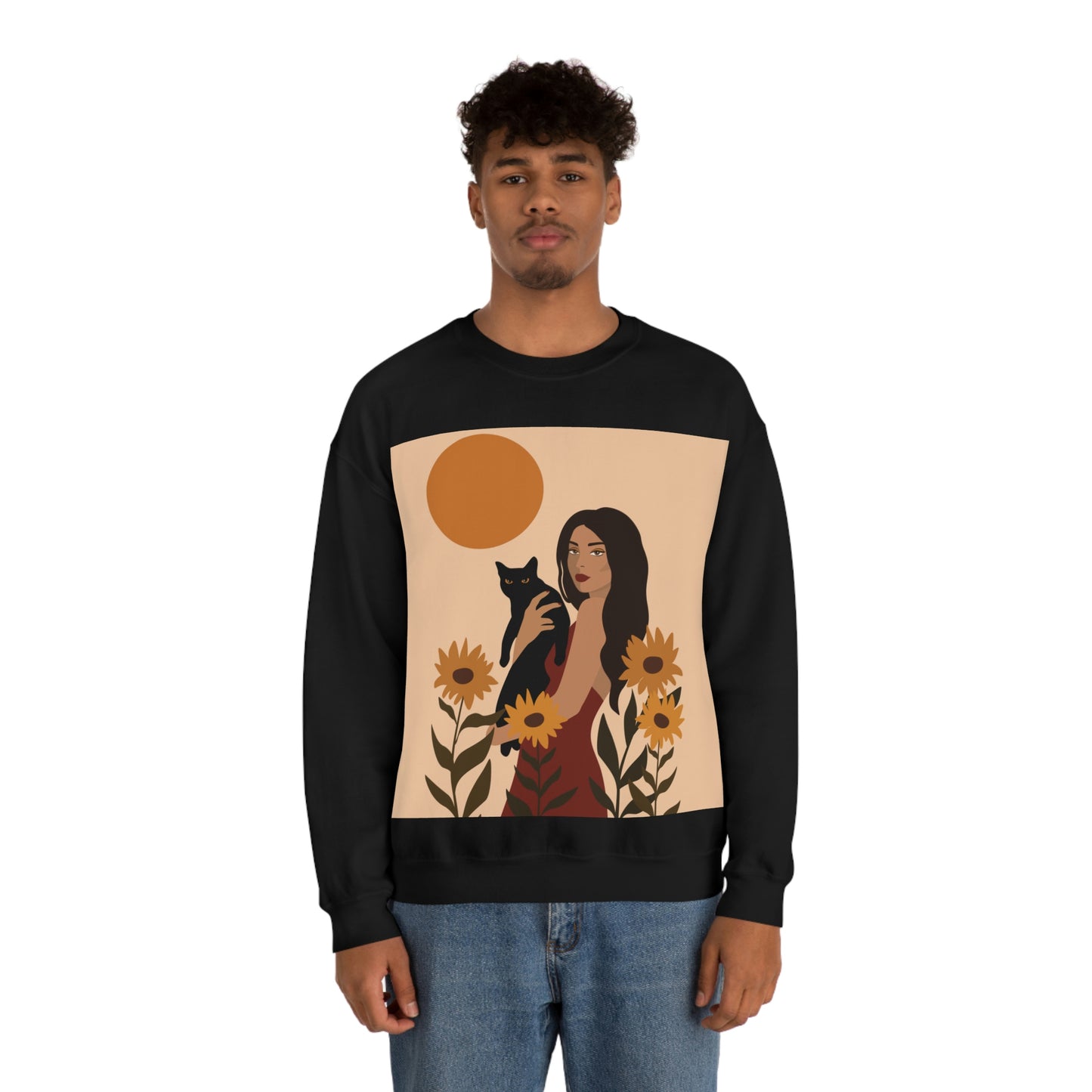 Woman with Black Cat Mininal Sunflowers Aesthetic Art Unisex Heavy Blend™ Crewneck Sweatshirt