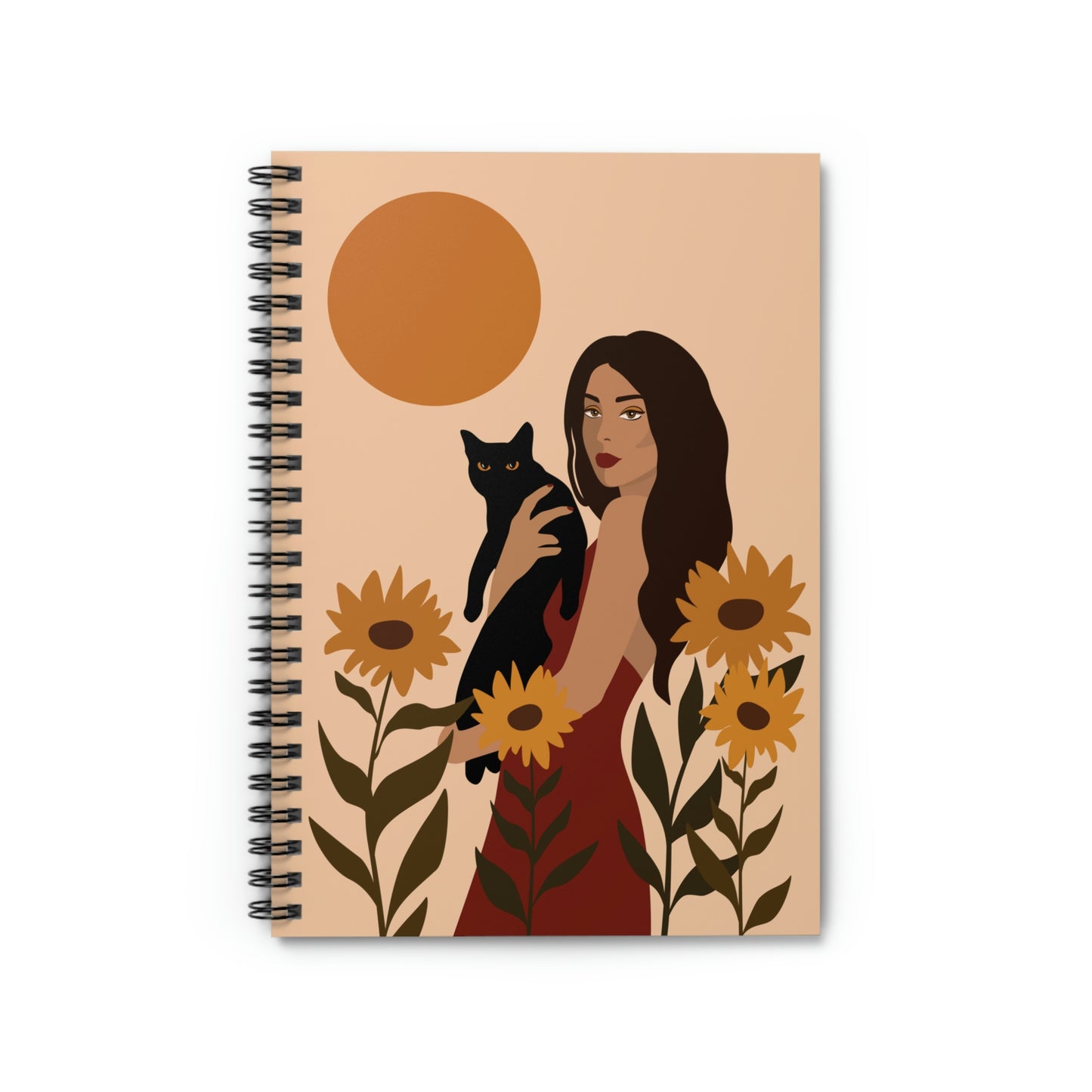 Woman with Black Cat Mininal Sunflowers Aesthetic Art Spiral Notebook Ruled Line