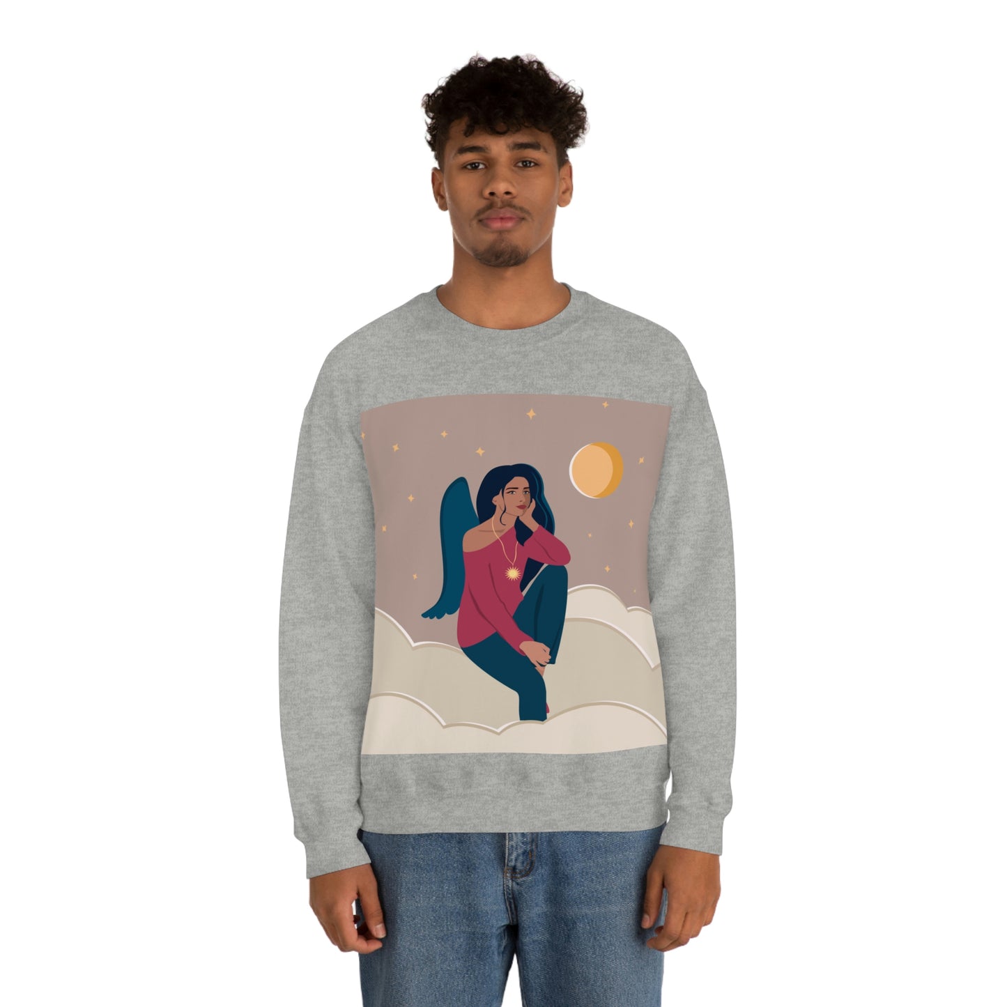 Women Angel Portrait Sitting On Clouds Cartoon Art Unisex Heavy Blend™ Crewneck Sweatshirt