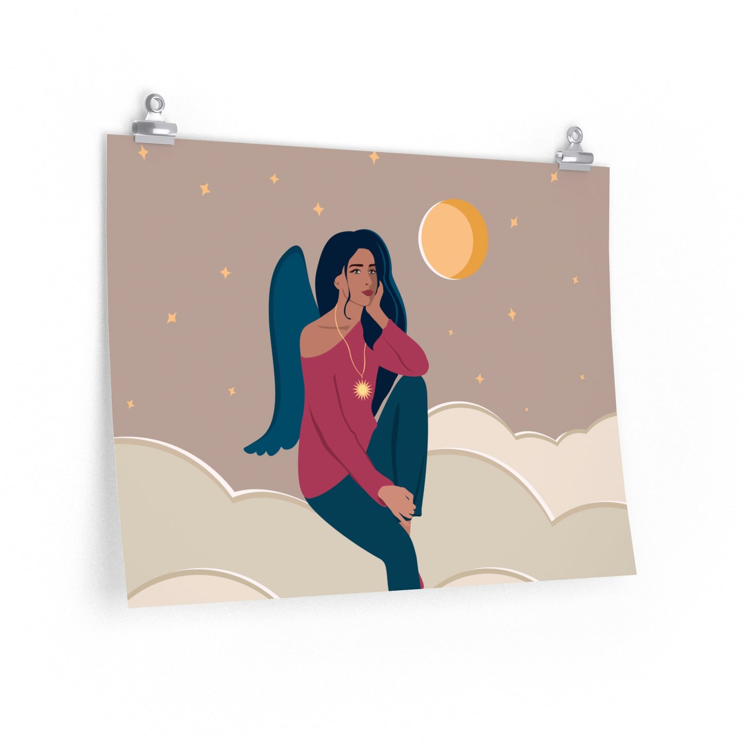 Women Angel Portrait Sitting On Clouds Cartoon Art Classic Premium Matte Horizontal Posters