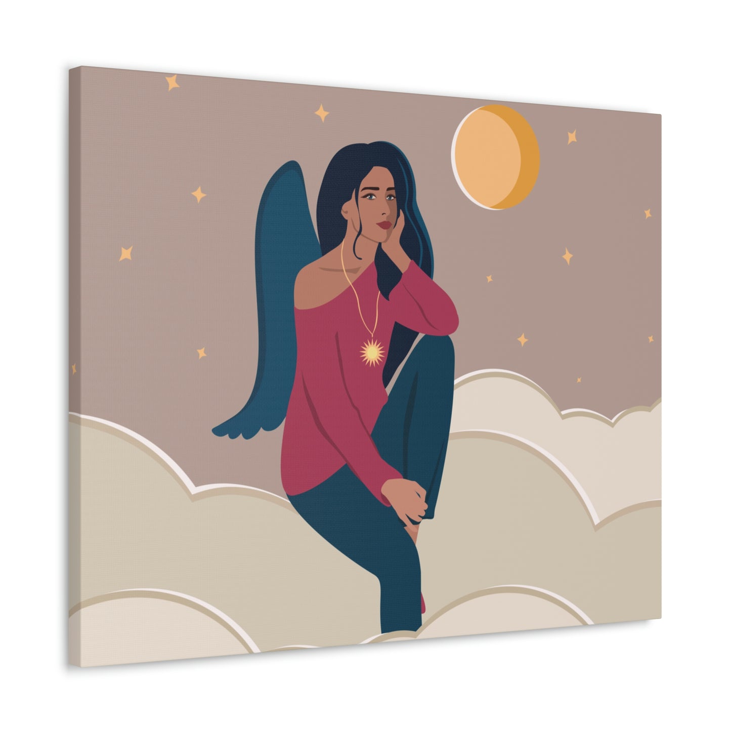 Women Angel Portrait Sitting On Clouds Cartoon Art Canvas Gallery Wraps