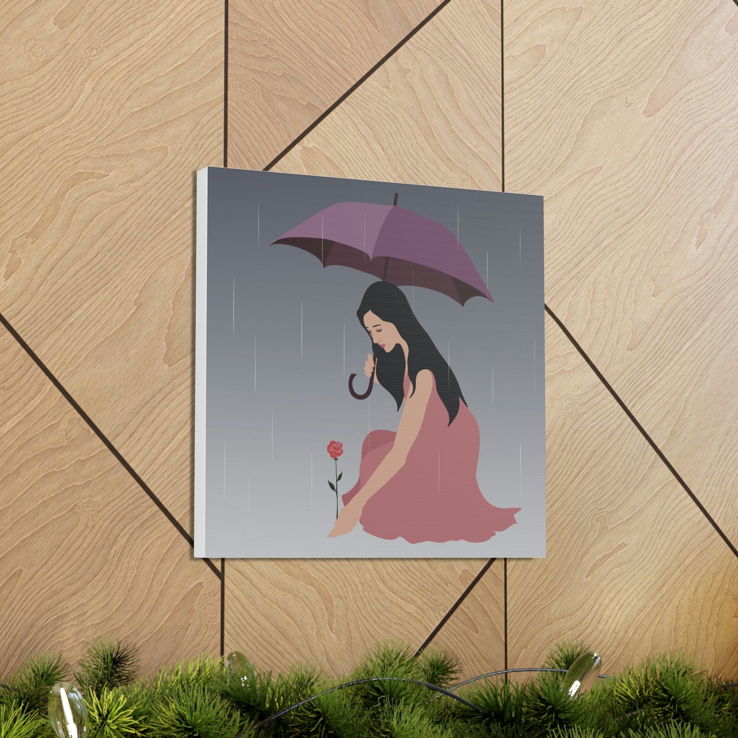 Woman with Umbrella Cartoon Art Walking in the Rain Graphic Aesthetic Classic Art Canvas Gallery Wraps