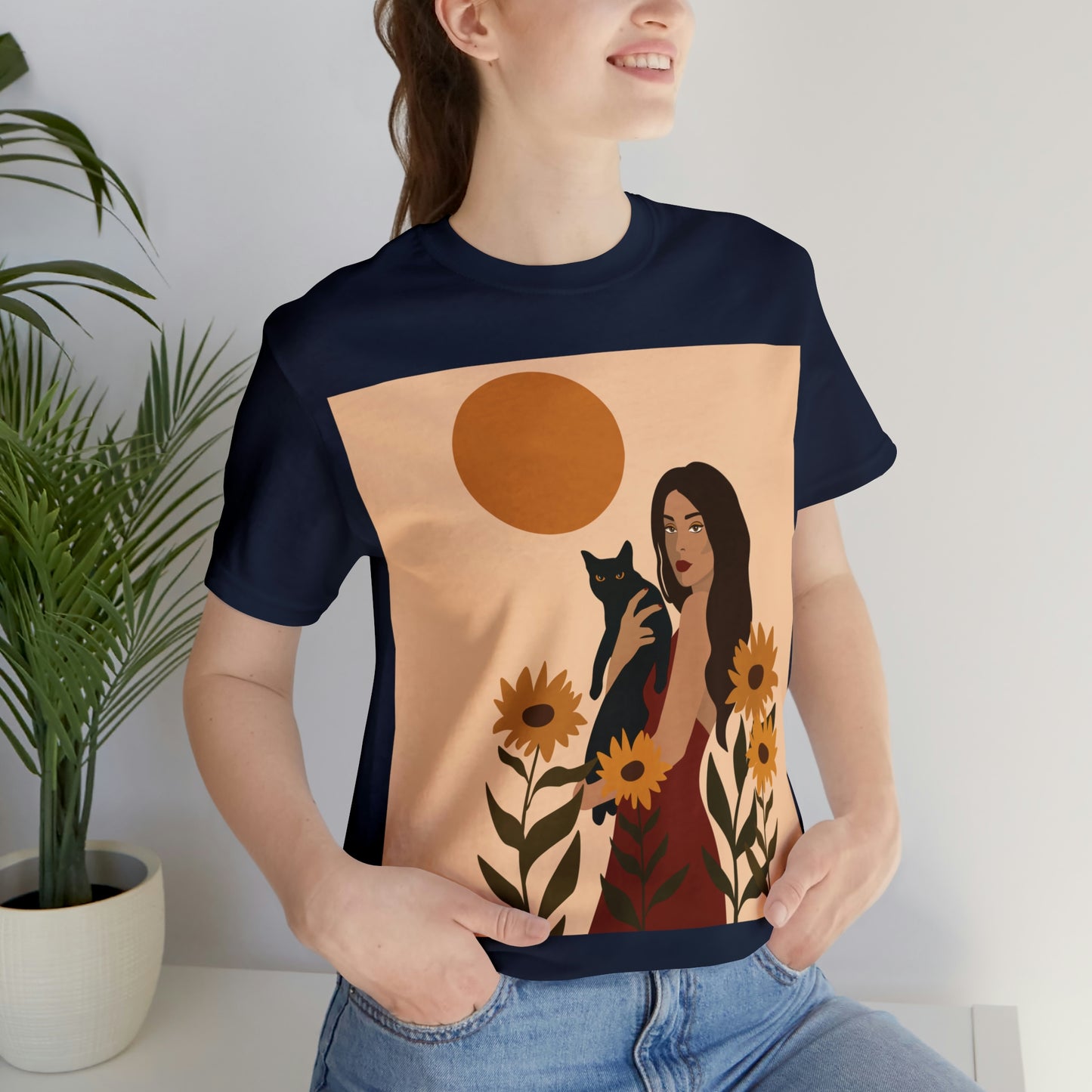 Woman with Black Cat Mininal Sunflowers Aesthetic Art Unisex Jersey Short Sleeve T-Shirt