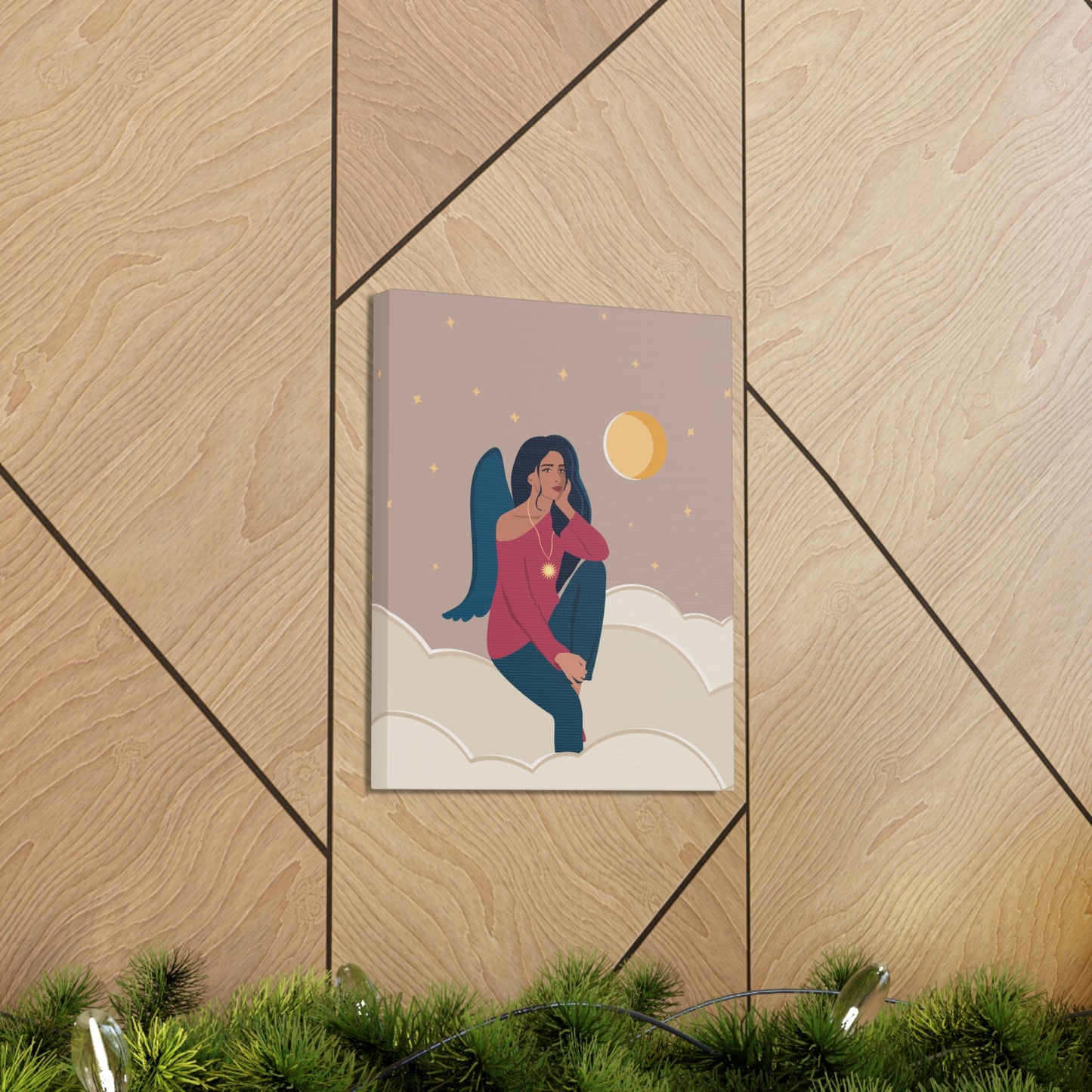 Women Angel Portrait Sitting On Clouds Cartoon Art Canvas Gallery Wraps