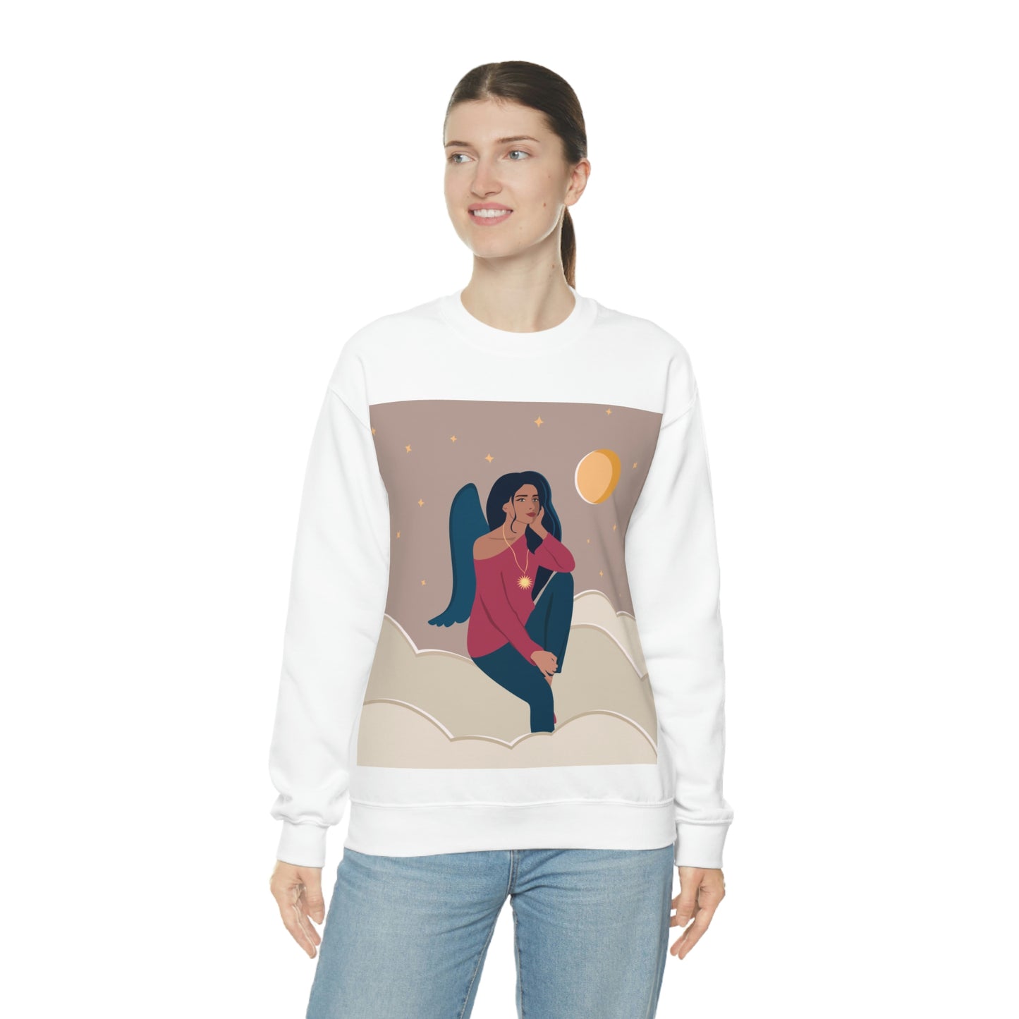 Women Angel Portrait Sitting On Clouds Cartoon Art Unisex Heavy Blend™ Crewneck Sweatshirt