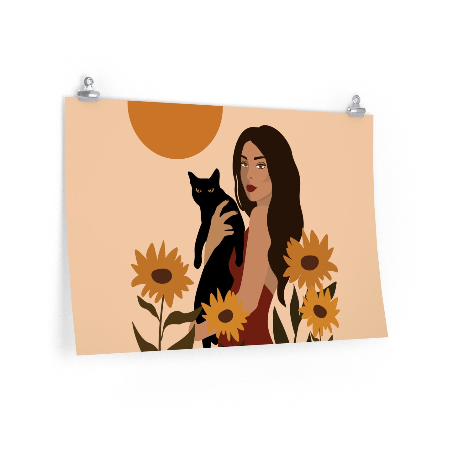 Woman with Black Cat Mininal Sunflowers Aesthetic Art Classic Premium Matte Horizontal Posters
