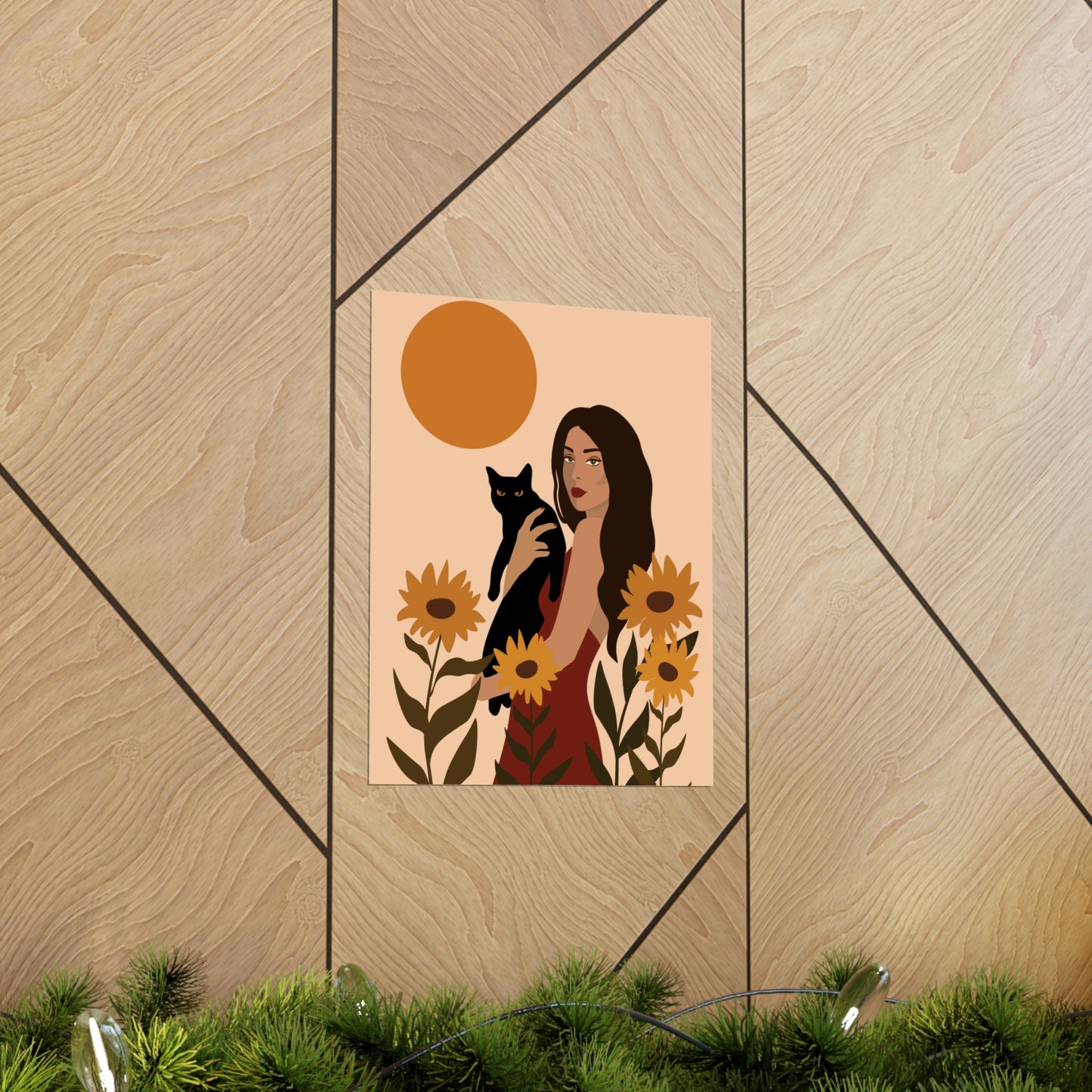 Woman with Black Cat Mininal Sunflowers Aesthetic Art Classic Premium Matte Vertical Posters
