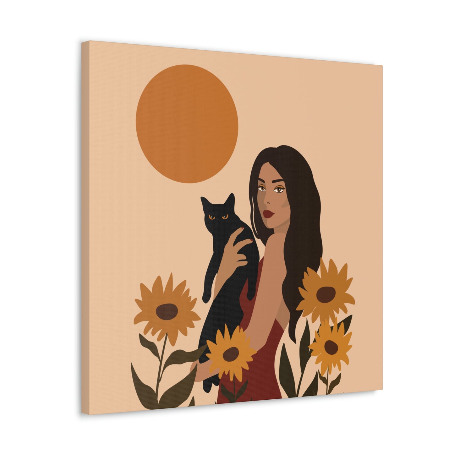 Woman with Black Cat Mininal Sunflowers Aesthetic Art Canvas Gallery Wraps