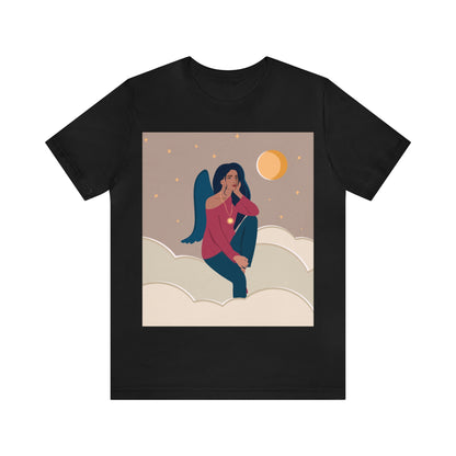 Women Angel Portrait Sitting On Clouds Cartoon Art Unisex Jersey Short Sleeve T-Shirt