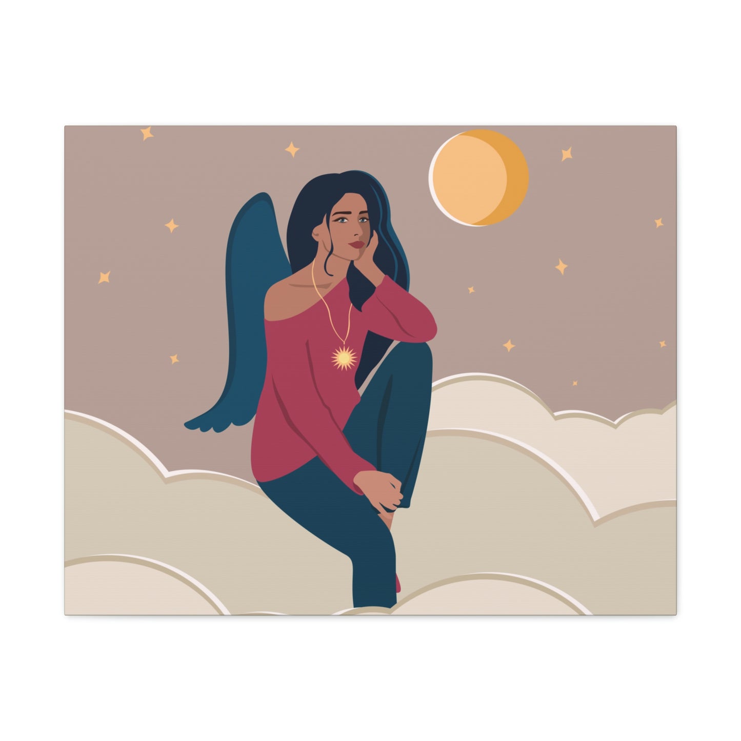 Women Angel Portrait Sitting On Clouds Cartoon Art Canvas Gallery Wraps