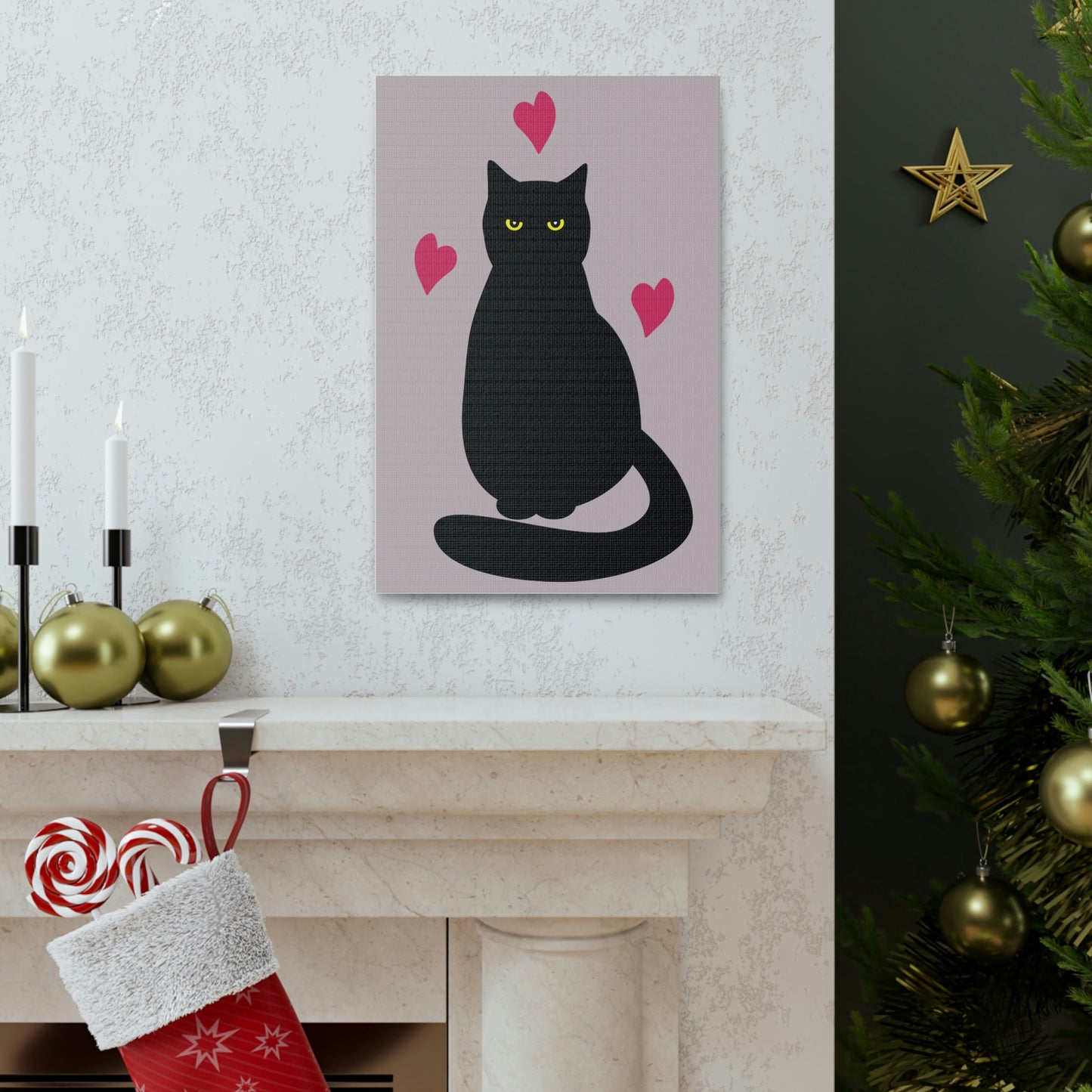 Black Cat with Heart Love Aesthetic Classic Art Canvas Gallery Wraps