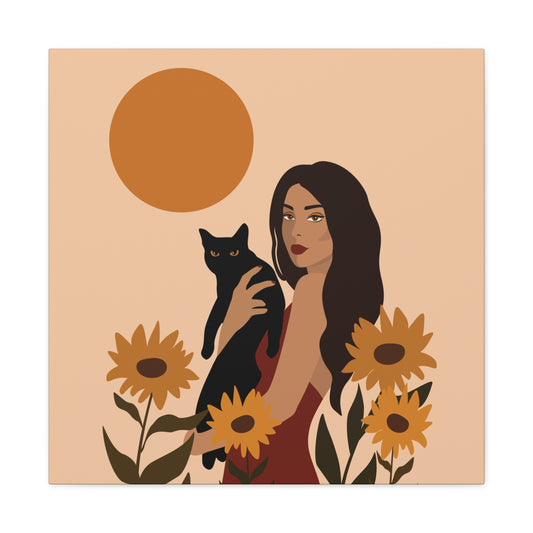 Woman with Black Cat Mininal Sunflowers Aesthetic Art Canvas Gallery Wraps