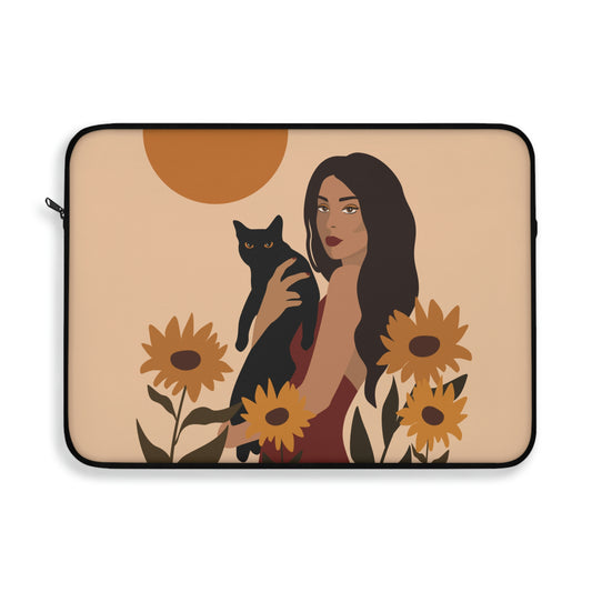 Woman with Black Cat Mininal Sunflowers Aesthetic Art Laptop Sleeve
