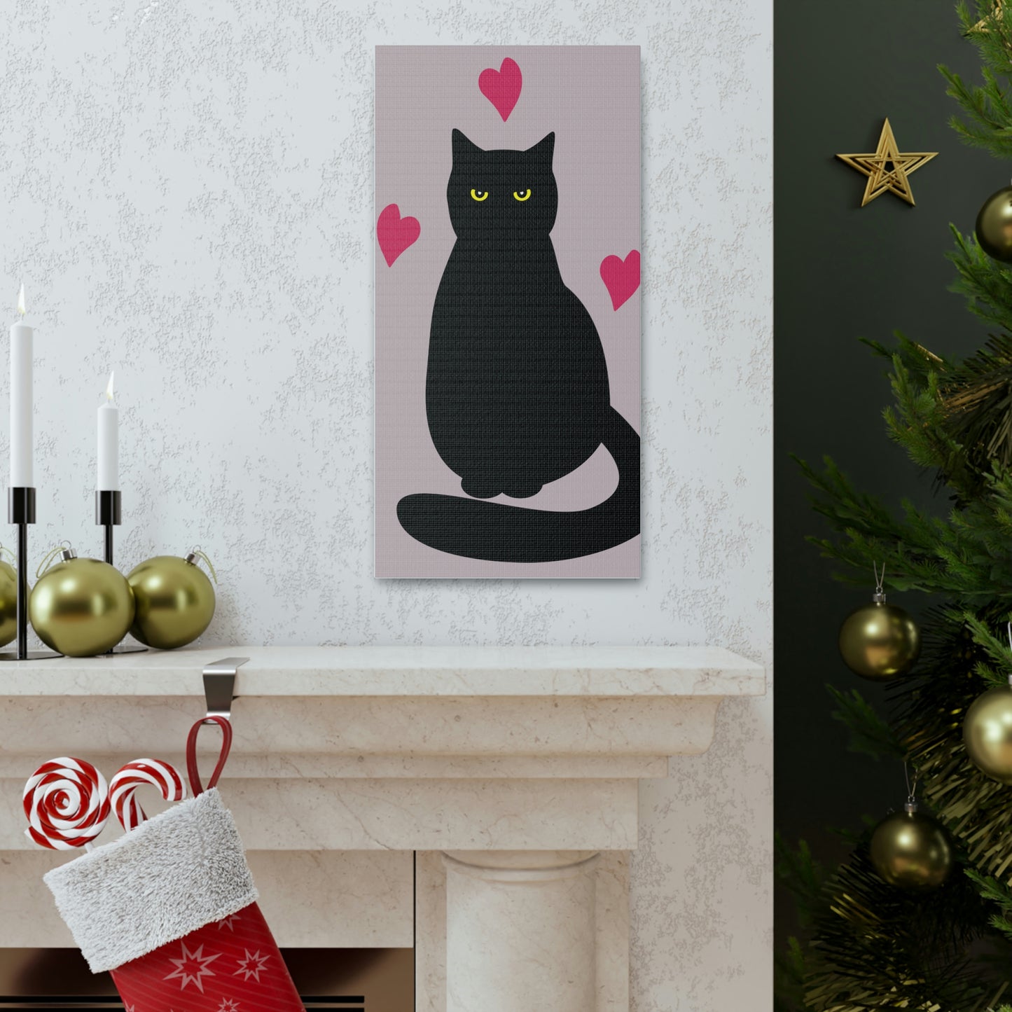 Black Cat with Heart Love Aesthetic Classic Art Canvas Gallery Wraps