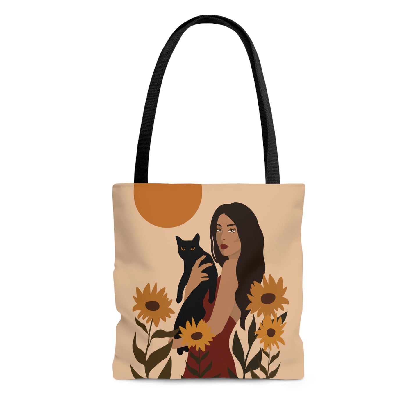 Woman with Black Cat Mininal Sunflowers Aesthetic Art AOP Tote Bag