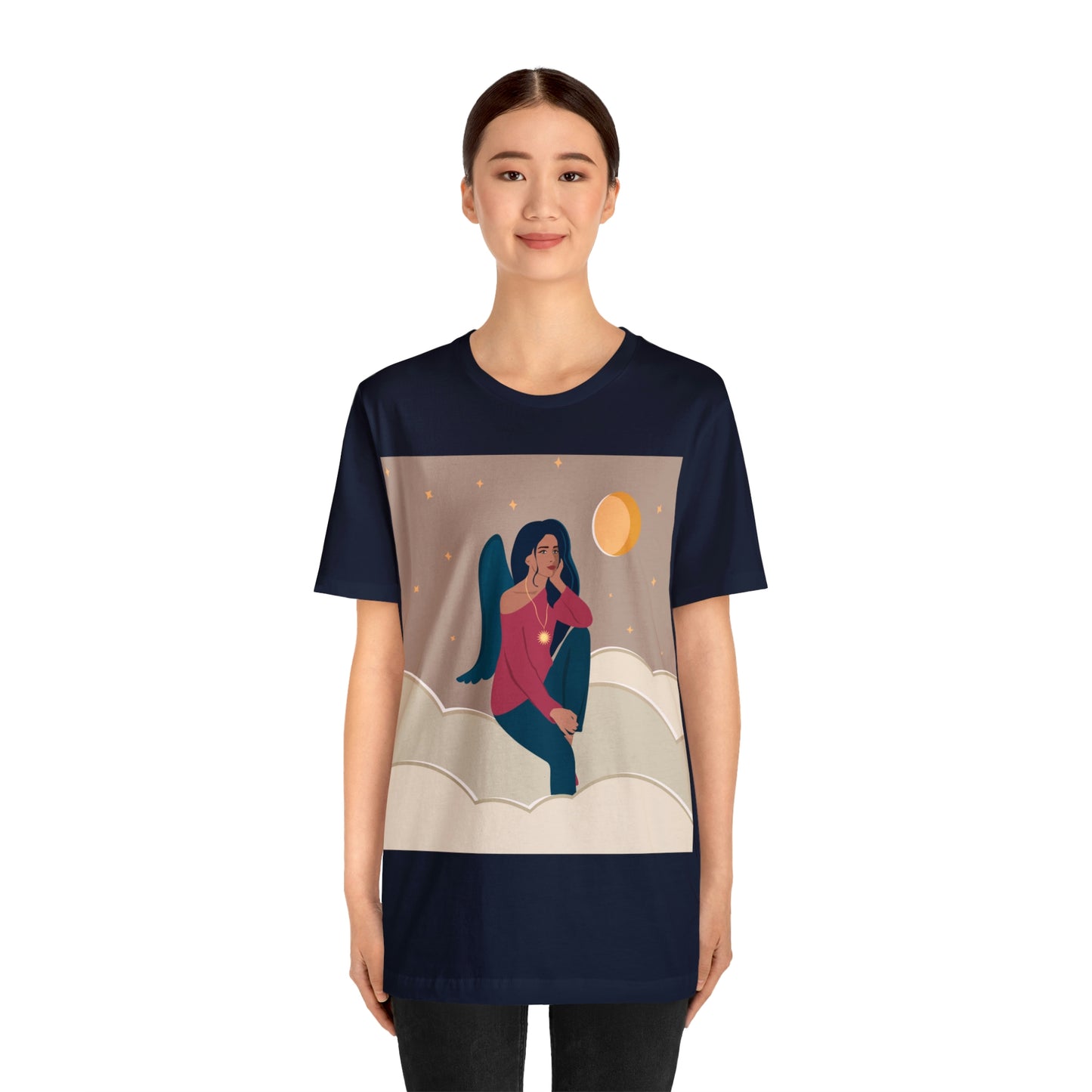 Women Angel Portrait Sitting On Clouds Cartoon Art Unisex Jersey Short Sleeve T-Shirt