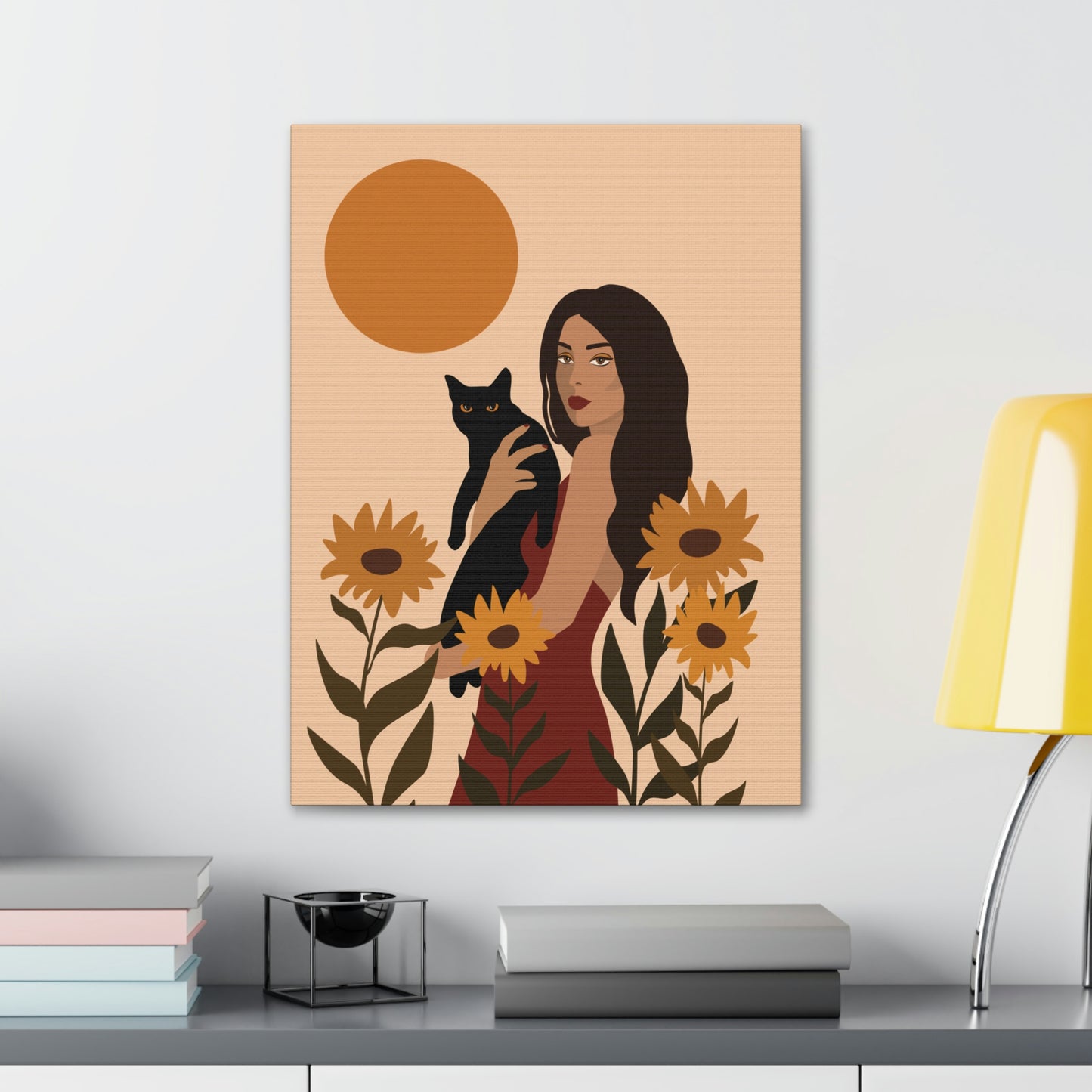 Woman with Black Cat Mininal Sunflowers Aesthetic Art Canvas Gallery Wraps