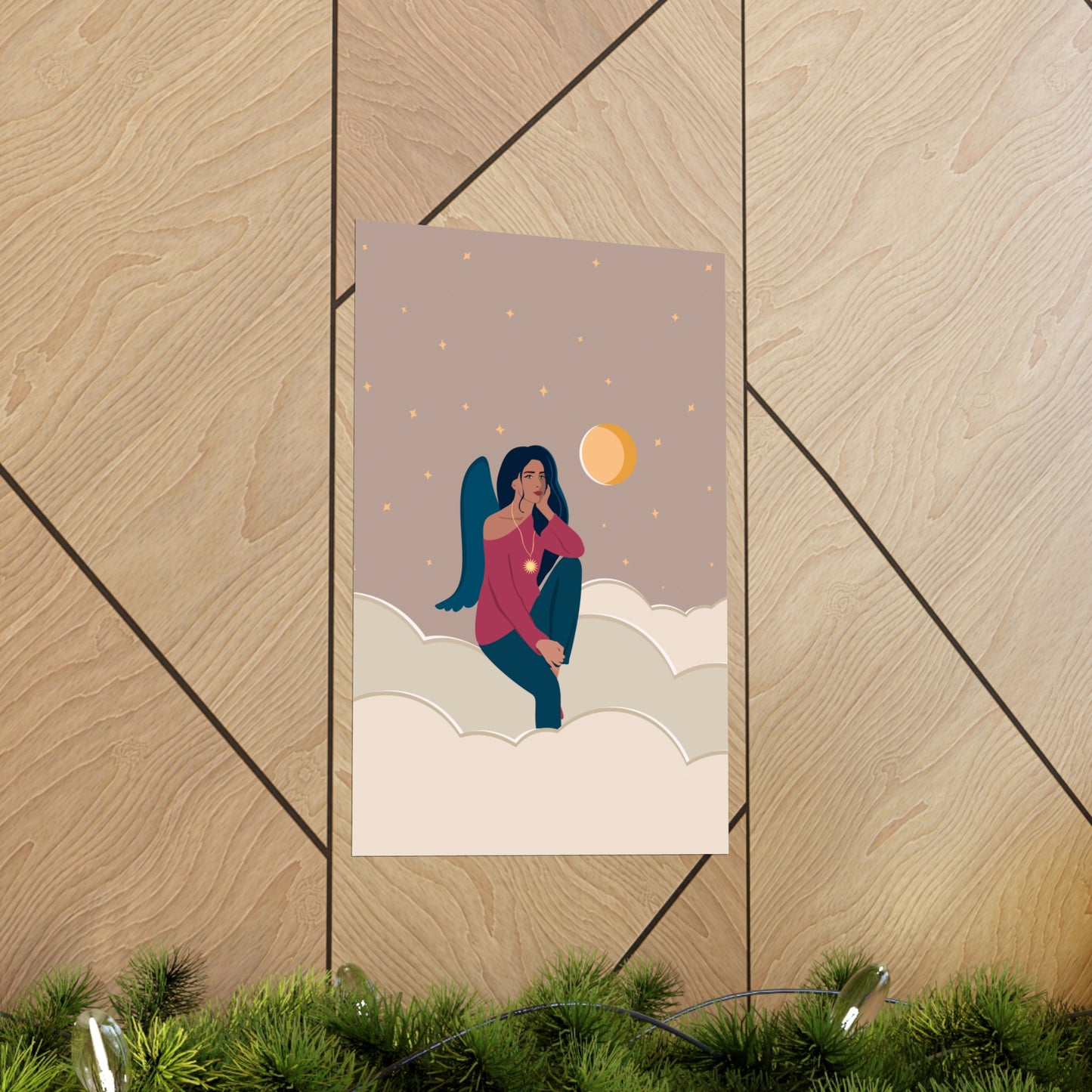 Women Angel Portrait Sitting On Clouds Cartoon Art Classic Premium Matte Vertical Posters