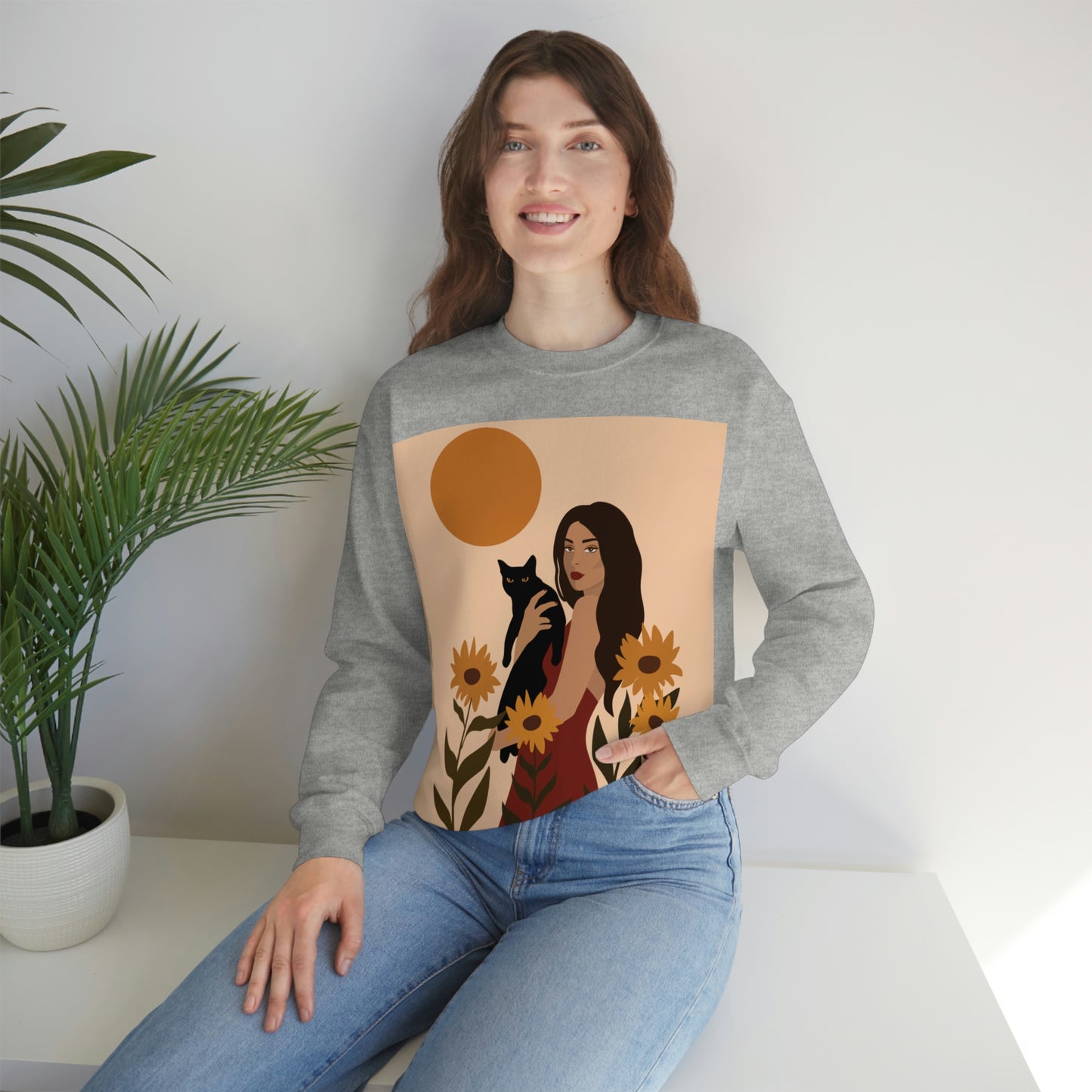 Woman with Black Cat Mininal Sunflowers Aesthetic Art Unisex Heavy Blend™ Crewneck Sweatshirt