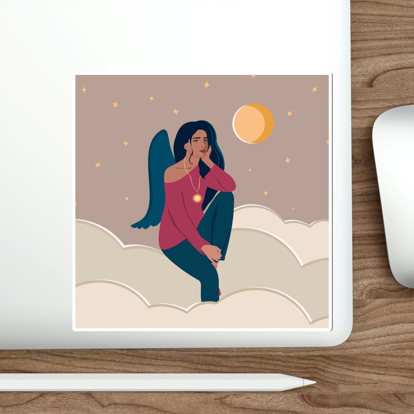 Women Angel Portrait Sitting On Clouds Cartoon Art Die-Cut Sticker