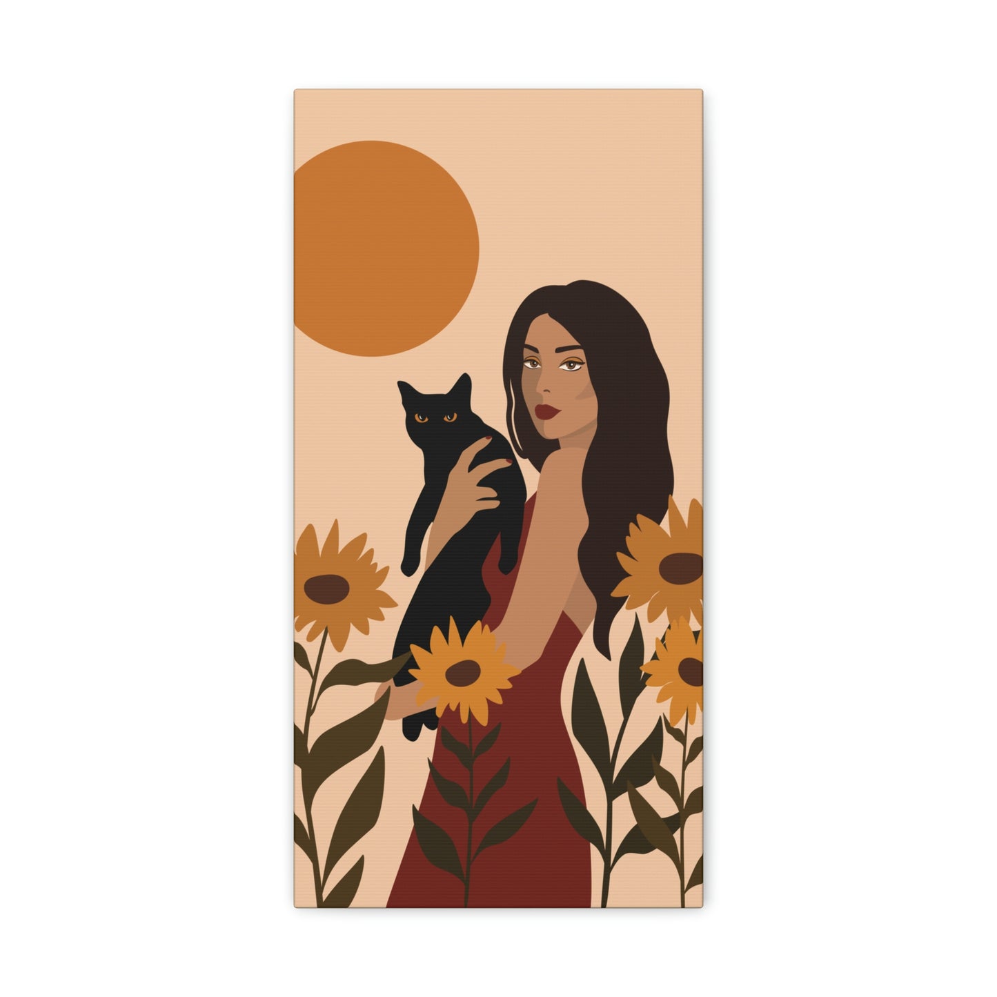 Woman with Black Cat Mininal Sunflowers Aesthetic Art Canvas Gallery Wraps