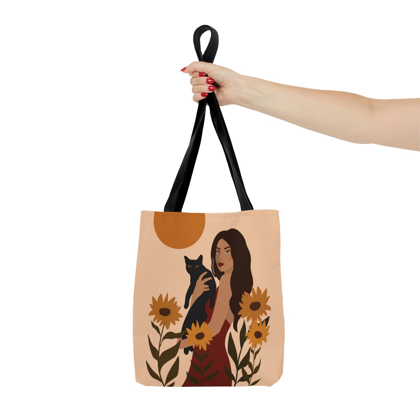 Woman with Black Cat Mininal Sunflowers Aesthetic Art AOP Tote Bag