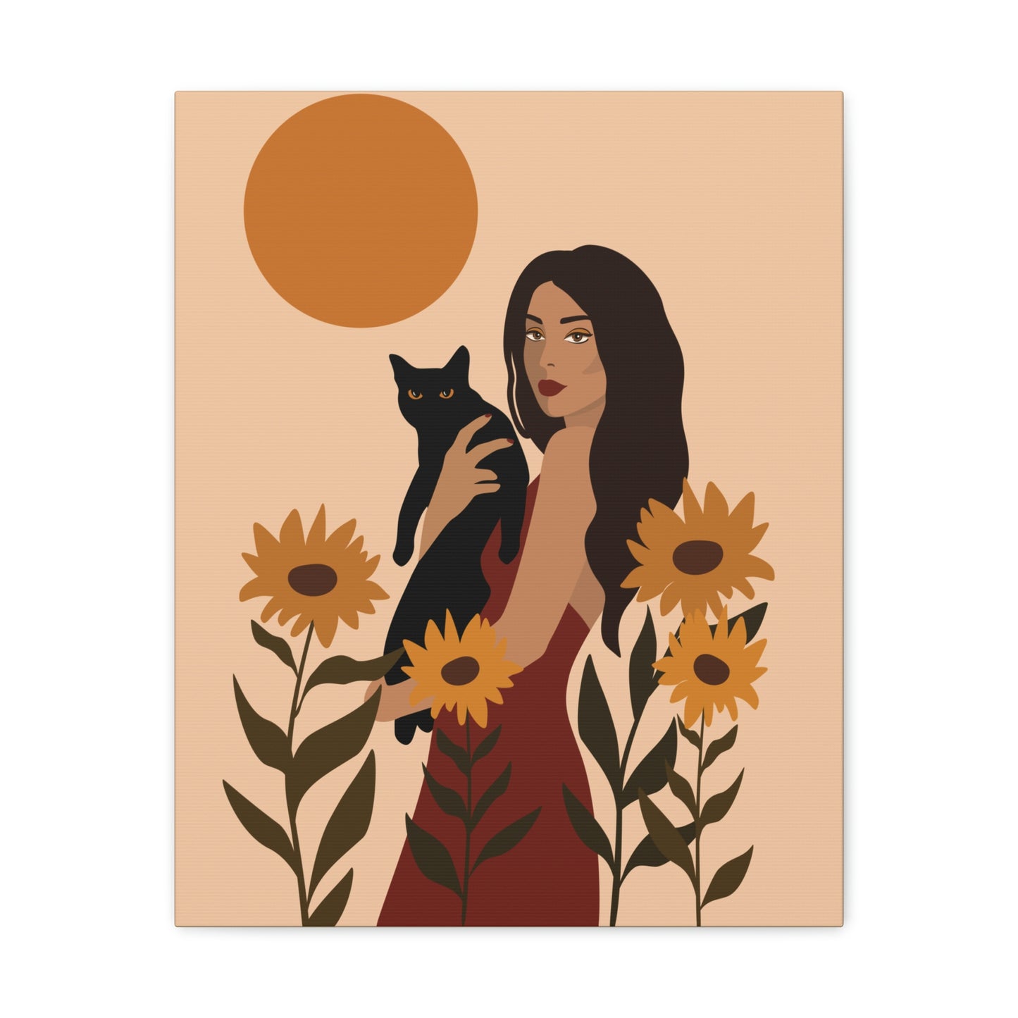 Woman with Black Cat Mininal Sunflowers Aesthetic Art Canvas Gallery Wraps