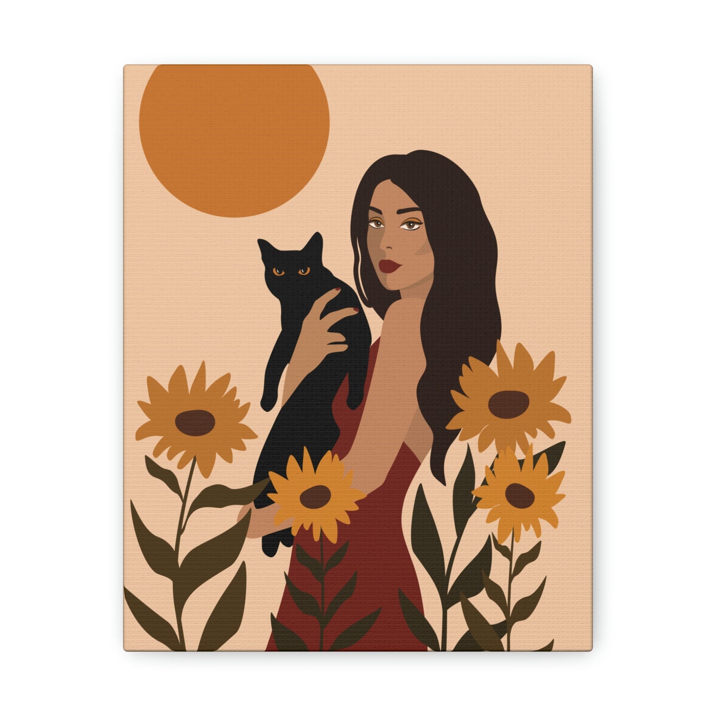 Woman with Black Cat Mininal Sunflowers Aesthetic Art Canvas Gallery Wraps