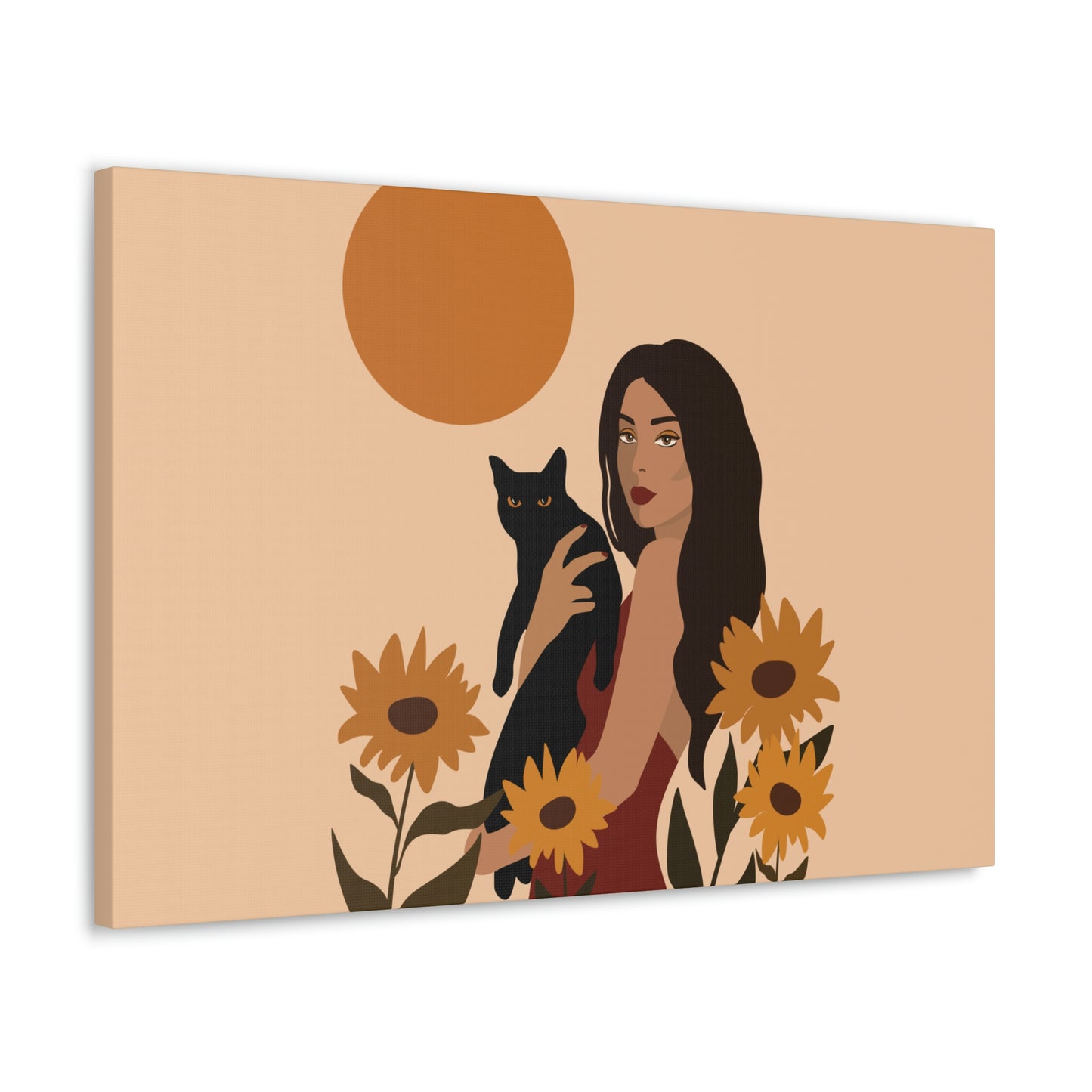 Woman with Black Cat Mininal Sunflowers Aesthetic Art Canvas Gallery Wraps