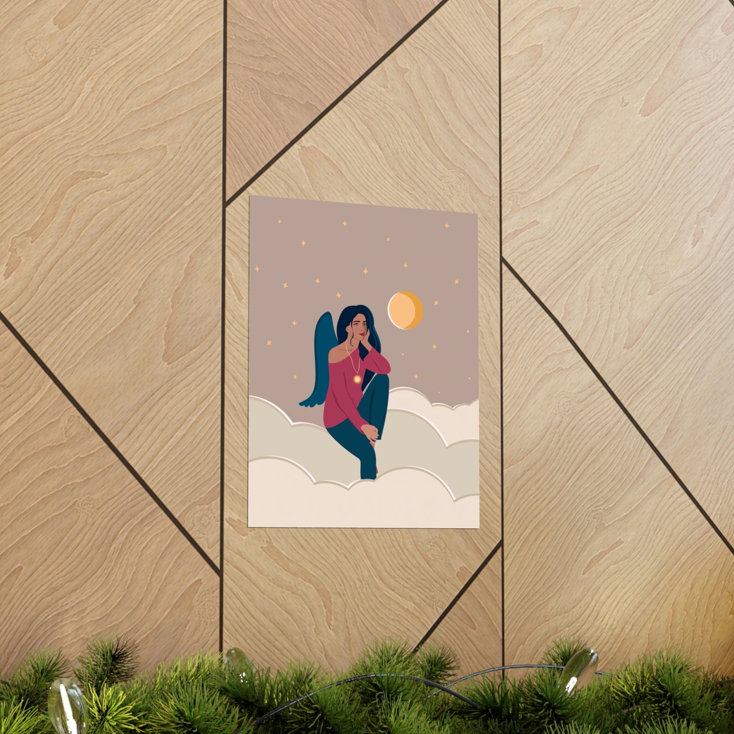 Women Angel Portrait Sitting On Clouds Cartoon Art Classic Premium Matte Vertical Posters