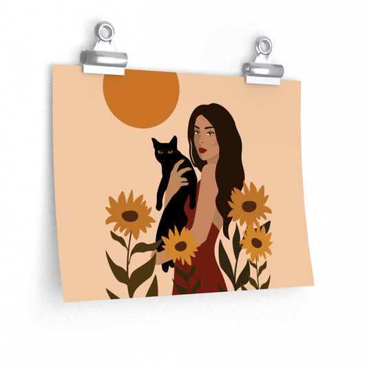 Woman with Black Cat Mininal Sunflowers Aesthetic Art Classic Premium Matte Horizontal Posters