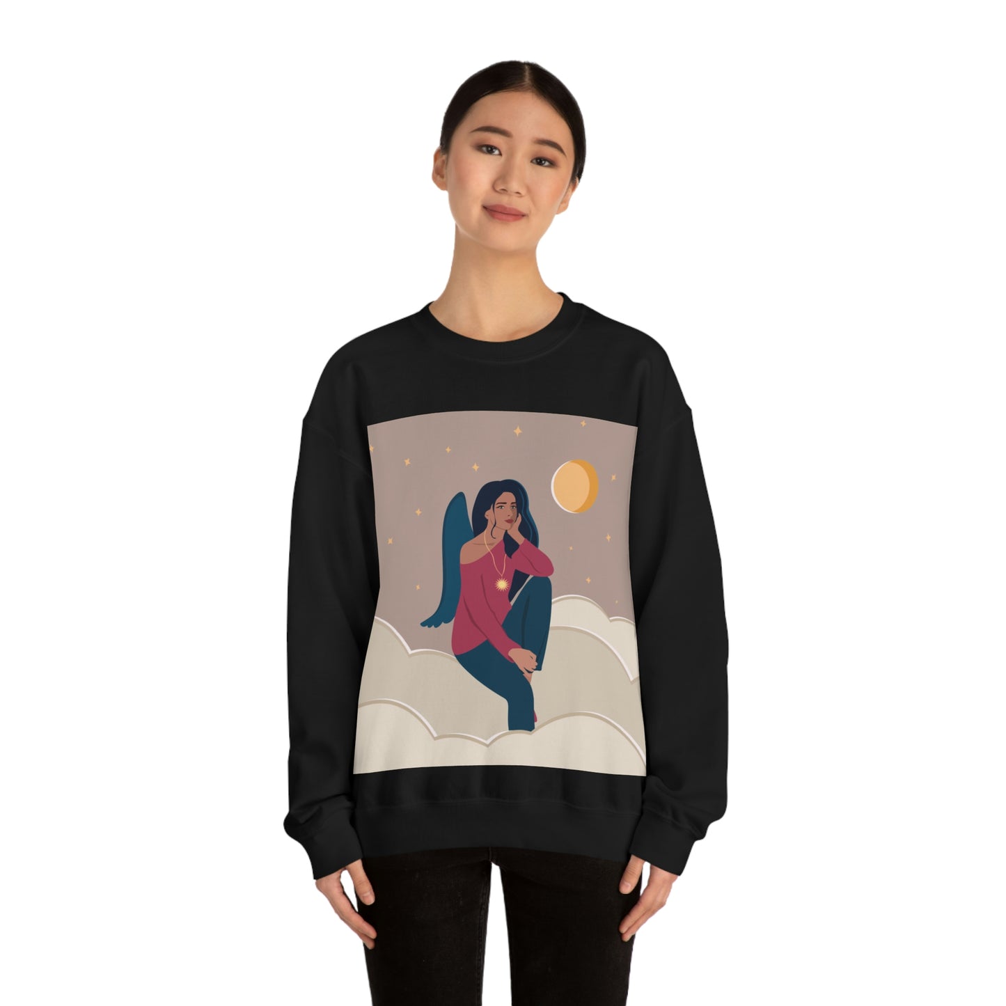 Women Angel Portrait Sitting On Clouds Cartoon Art Unisex Heavy Blend™ Crewneck Sweatshirt