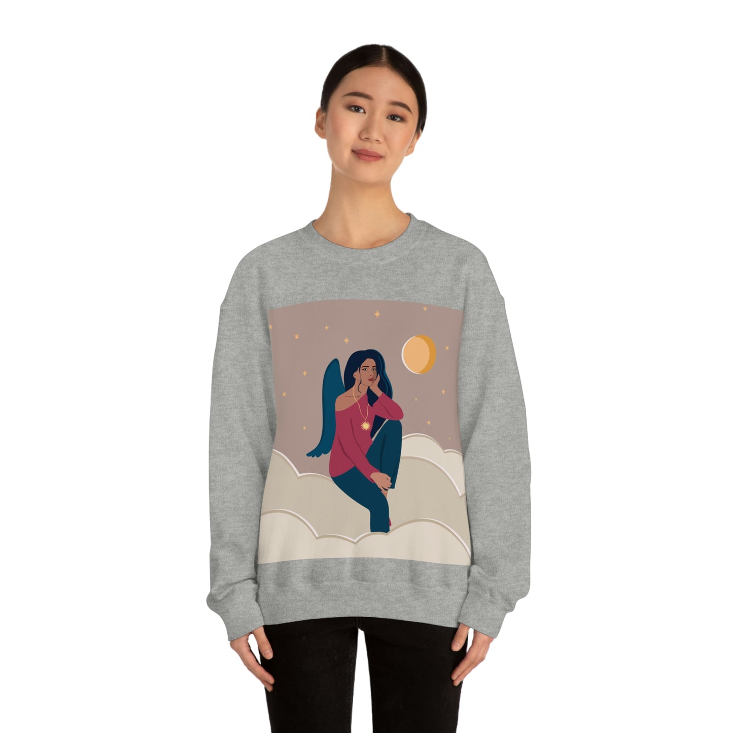 Women Angel Portrait Sitting On Clouds Cartoon Art Unisex Heavy Blend™ Crewneck Sweatshirt