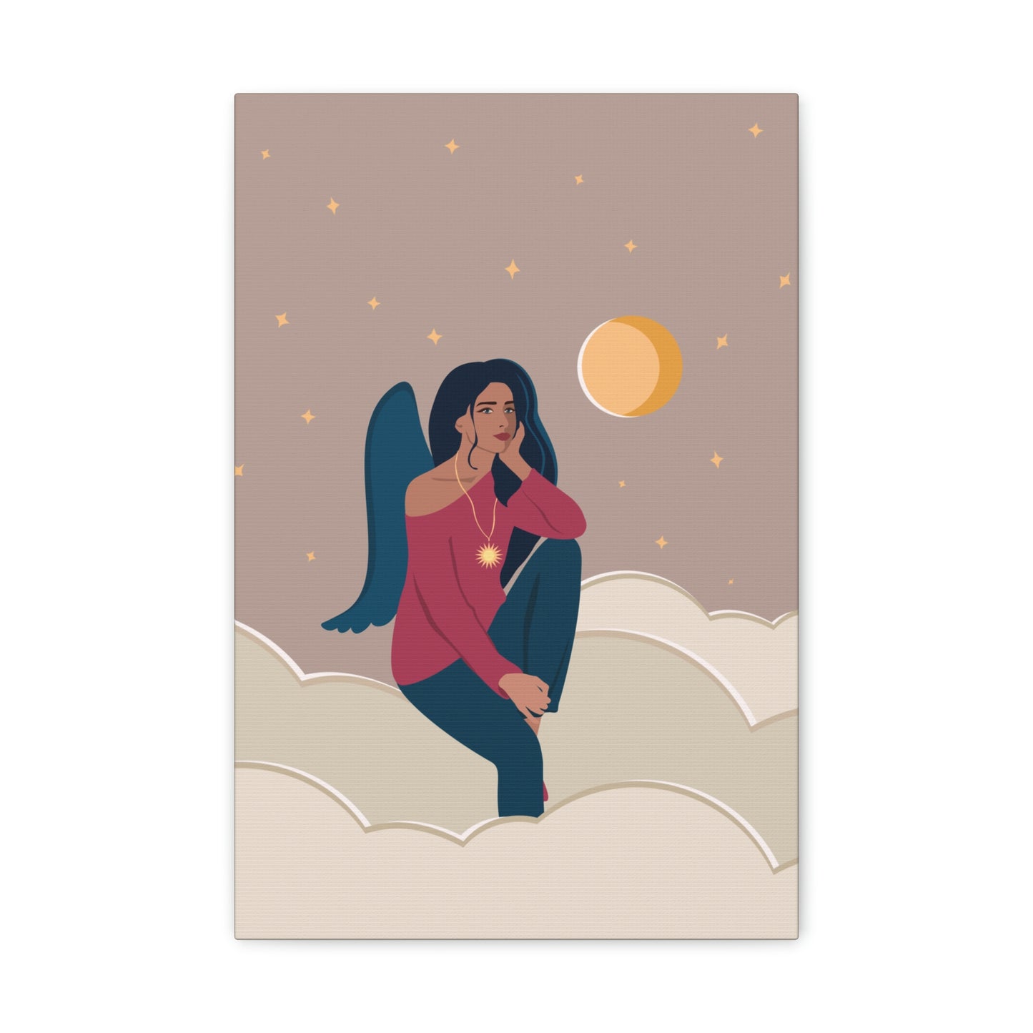 Women Angel Portrait Sitting On Clouds Cartoon Art Canvas Gallery Wraps